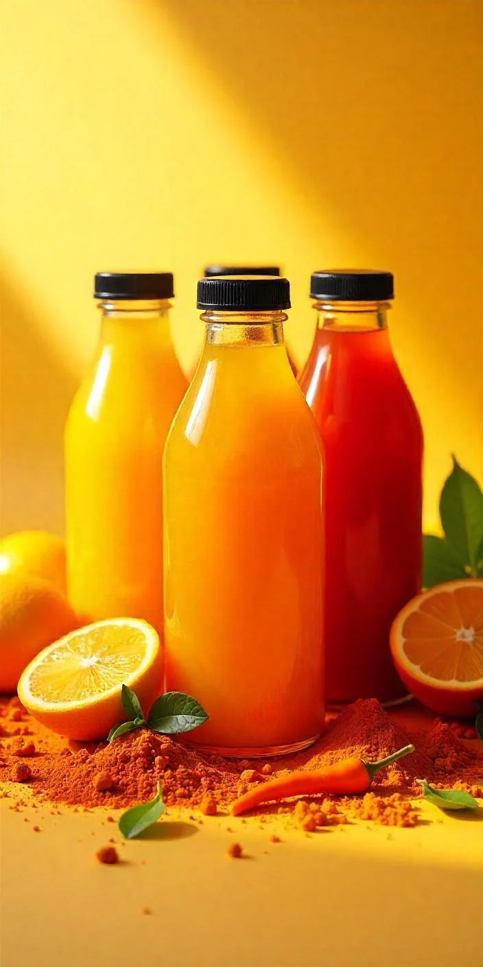 Three bottles of juice, one orange sliced lemon, chili pepper, and green leaves on a yellow surface with turmeric powder, with a yellow background.