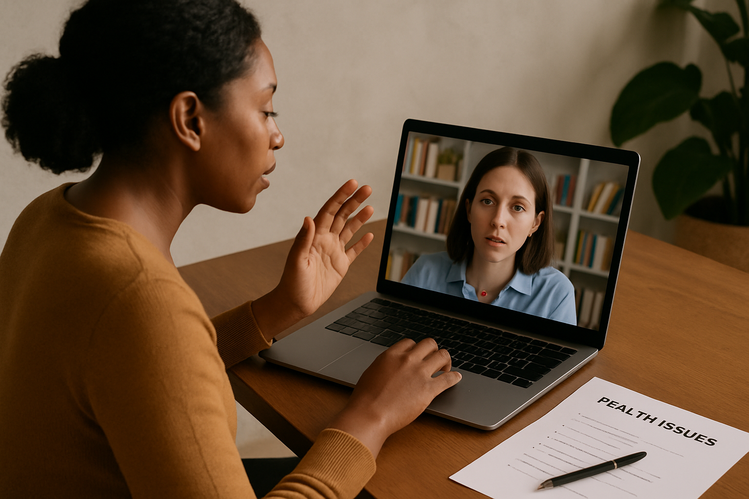 A woman participating in a virtual health consultation on her laptop, with a document titled 'HEALTH ISSUES' and a pen on the table.