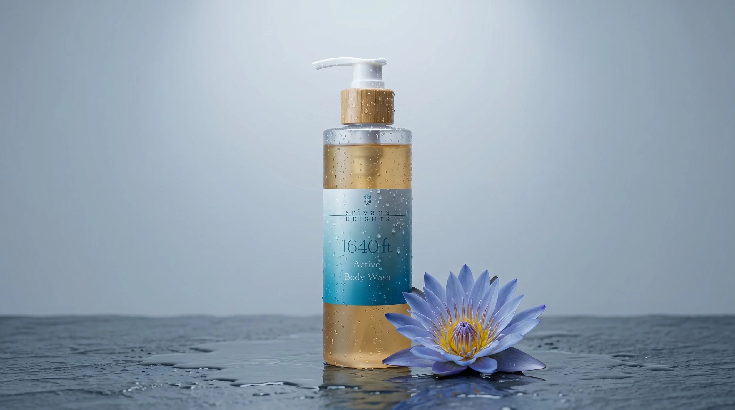 A bottle of Srivana Heights active body wash with water droplets on it, placed on a wet surface near a purple water lily flower, with a blurred background.