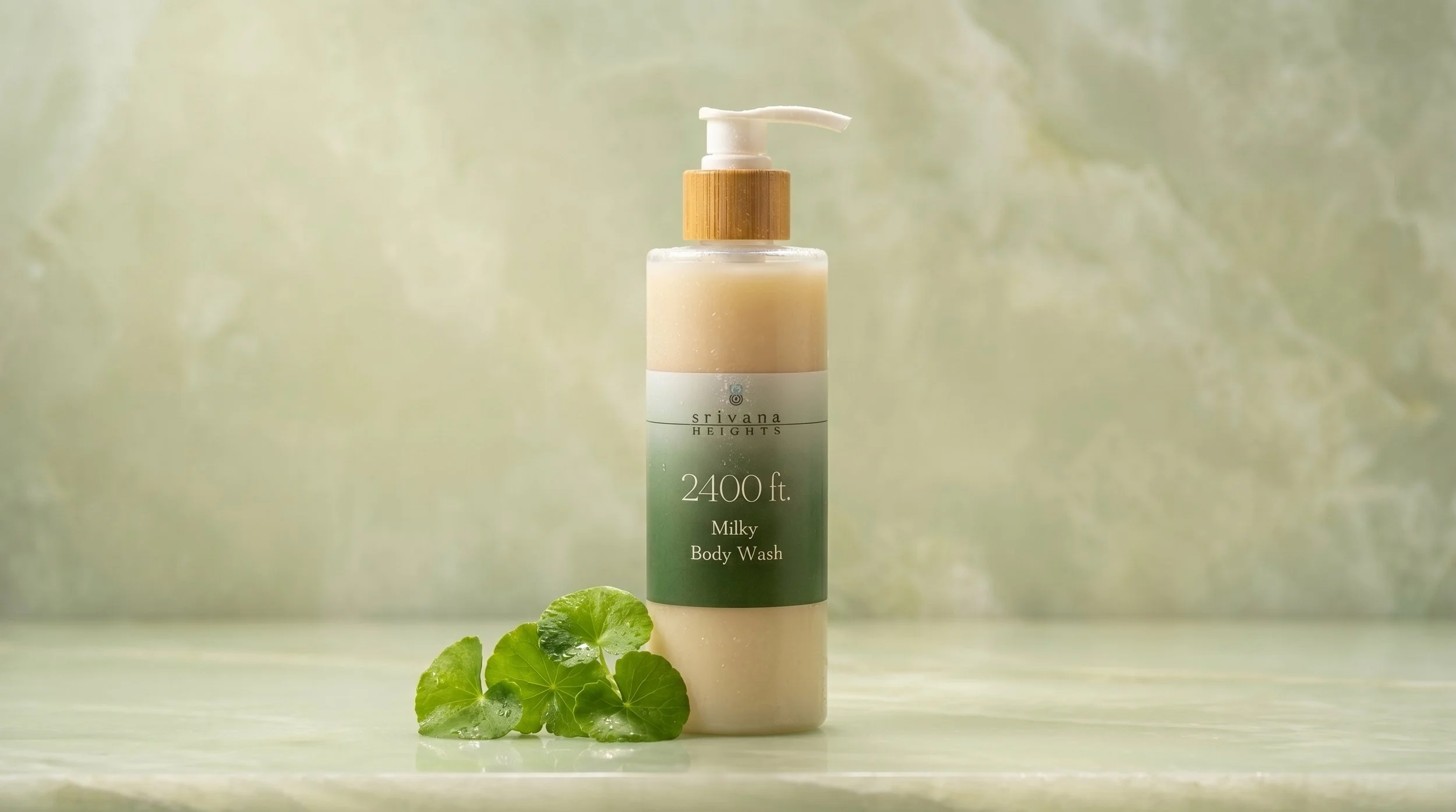 A bottle of Milky Body Wash by Srivana Heights with a wooden pump cap, set against a soft green background with a small cluster of green leaves in the foreground.