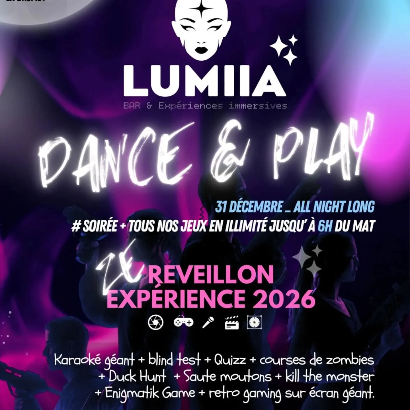 DANCE &amp; PLAY &ndash; LE R&Eacute;VEILLON + EXP&Eacute;RIENCE 2026 CHEZ LUMIIA 

👉 Une seule r&egrave;gle : profiter.Tous nos jeux en&nbsp;illimit&eacute;, une&nbsp;ambiance DJ non-stop, deux univers musicaux (&eacute;lectro &amp; pop), et une vr