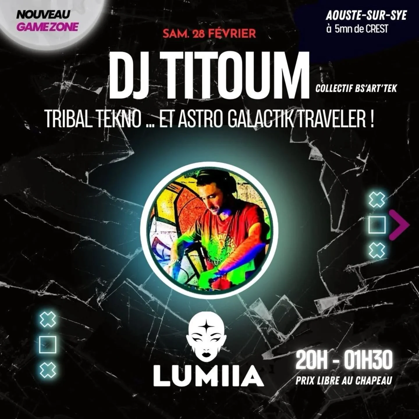 🚀 SAMEDI &Eacute;LECTRO CHEZ LUMIIA 🚀

Ce samedi, viens avec ta plus belle tenue cosmique 🚀
(Maquillage fluo dispo sur place pour les finitions 😉)

🎧 DJ invit&eacute; : Titoum du Collectif Bs'art'tek
🎶 Set Tribal Tekno &amp; Astro Galactik Trav