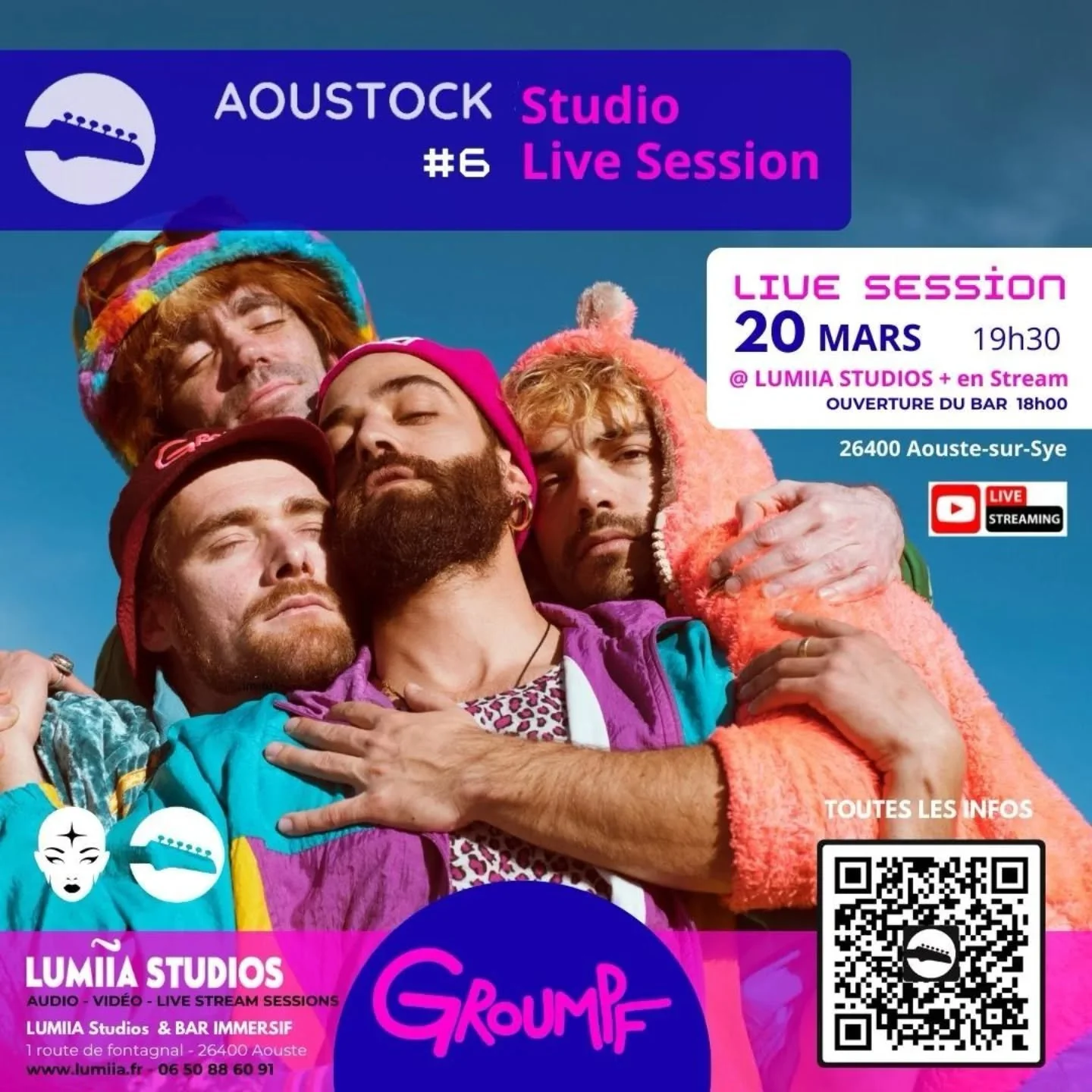 AOUSTOCK#6 : Artistes invit&eacute;s GROUMPF [After pop]

18h: Ouverture du Bar 
19h30 : Interview du groupe
20h30: Concert Live d&eacute;jant&eacute;&eacute;&eacute;&eacute;&eacute;&eacute; et gratuit !

Si vous n&rsquo;&ecirc;tes pas dans le coin, 