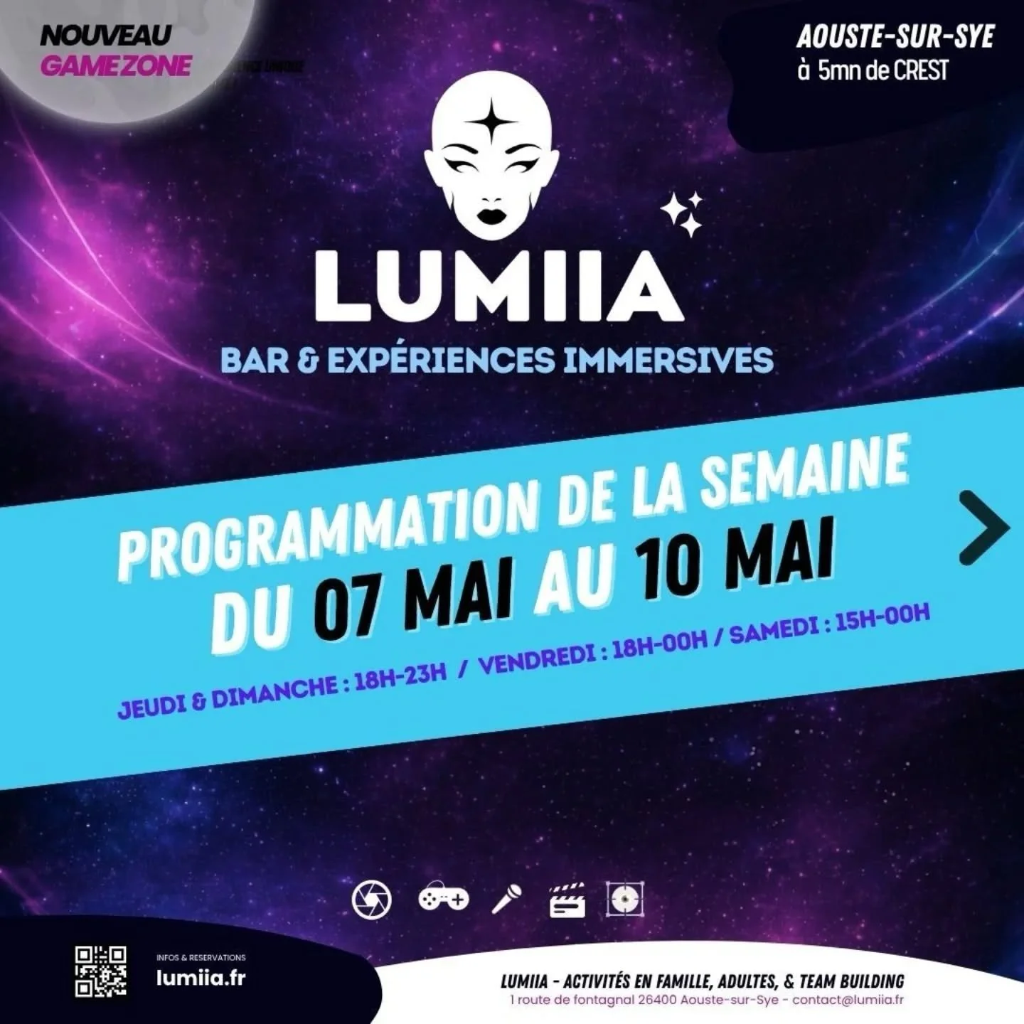 PROGRAMME DE LA SEMAINE CHEZ LUMIIA : 
du 7 au 10 MAI 📍 Aouste-sur-Sye (&agrave; 5 min de Crest)

Bar immersif &bull; Game Zone &bull; Karaok&eacute; &bull; Soir&eacute;es &agrave; th&egrave;me &bull; Terrasse 

━━━━━━━━━━━━━━

*R&eacute;servation p