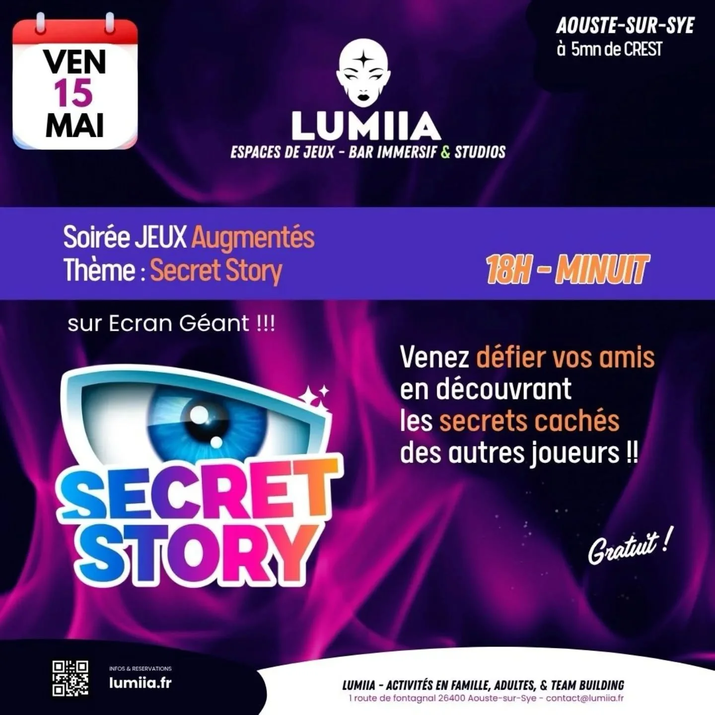 👁️ Vendredi : Soir&eacute;e Jeux Augment&eacute;s sp&eacute;ciale Secret Story sur &eacute;cran g&eacute;ant !
Entrez dans notre jeu fa&ccedil;on Secret Story et tentez de d&eacute;couvrir les secrets des autres sans r&eacute;v&eacute;ler le v&ocirc