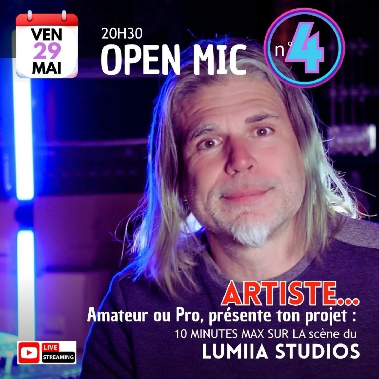 🎤 OPEN MIC #4 &mdash; LUMIIA STUDIOS
📅 Vendredi 29 mai
🕕 Bar ouvert d&egrave;s 18h | 🎬 Live &agrave; 20h30

Tu as un talent, une id&eacute;e, un univers &agrave; tester en live ?
C&rsquo;est le moment de monter sur sc&egrave;ne ✨

Et pour le publ