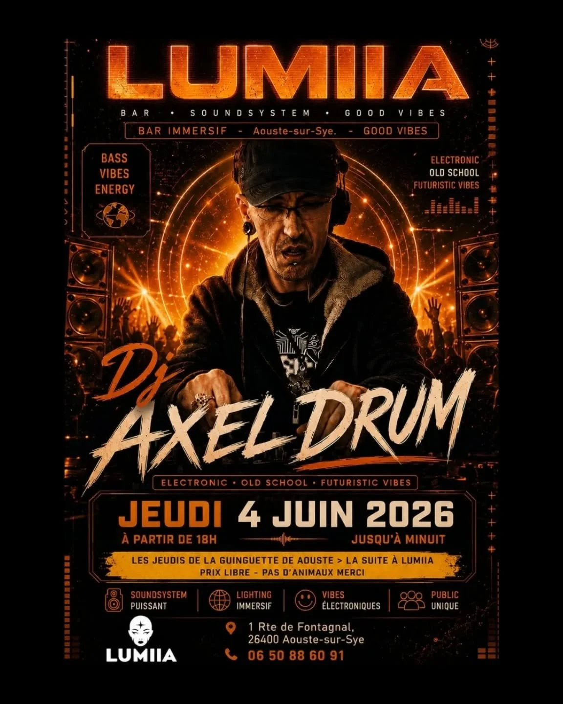 Jeudi soir, Lumiia accueille DJ AXELDRUM ! 🔥

Figure embl&eacute;matique de la sc&egrave;ne &eacute;lectronique underground depuis les ann&eacute;es 90, Axel Drum a commenc&eacute; la musique par la batterie avant de d&eacute;couvrir le mix en free-