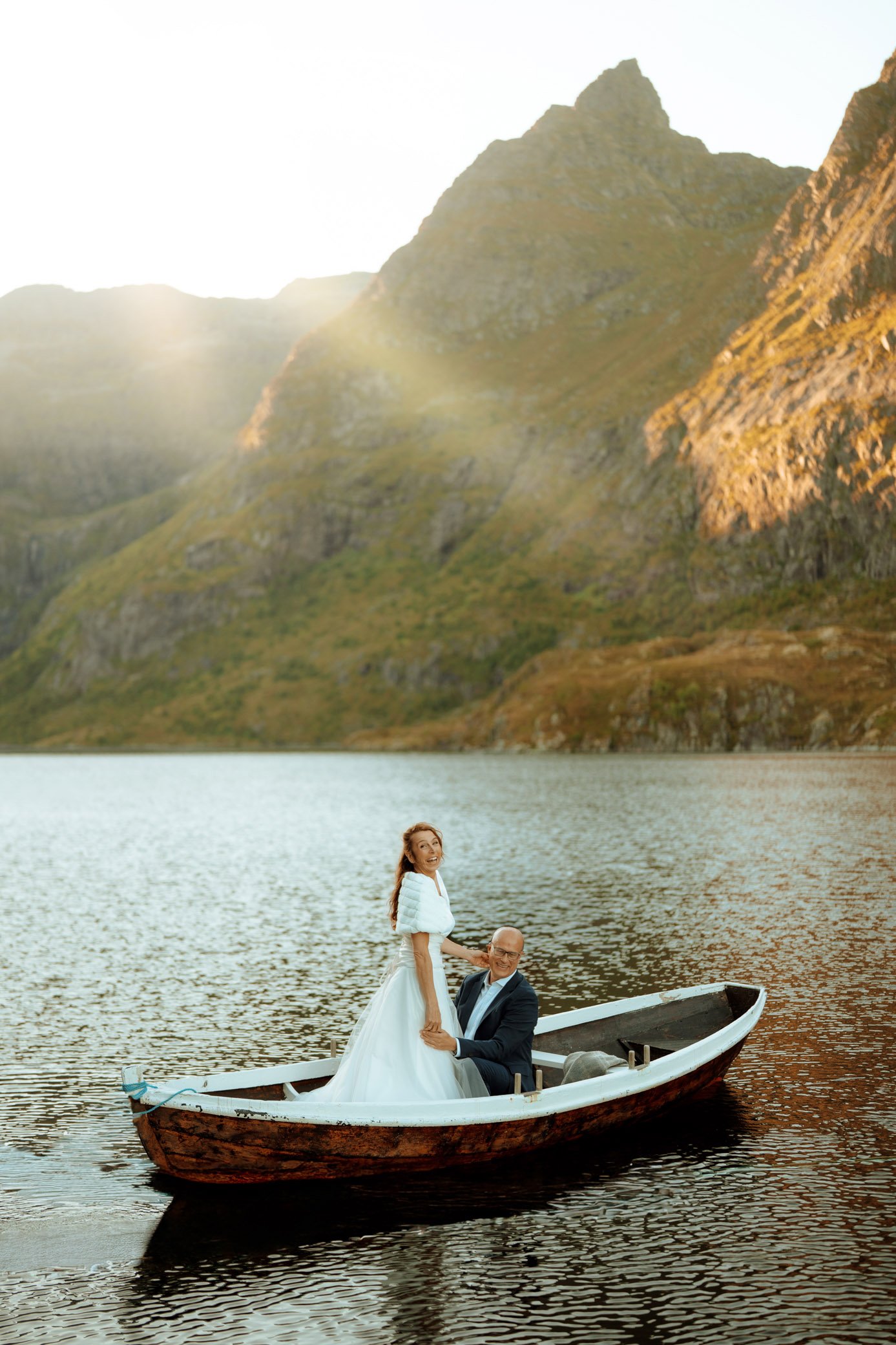 Boat with mountain backdrop