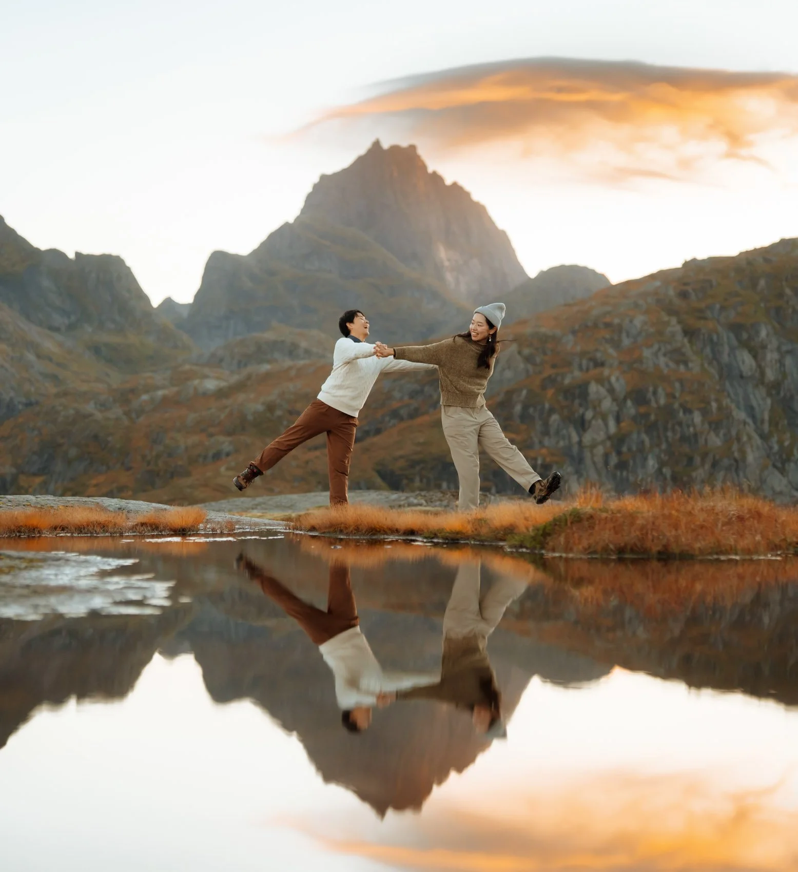 Couple portrait in dramatic Lofoten mountain landscape