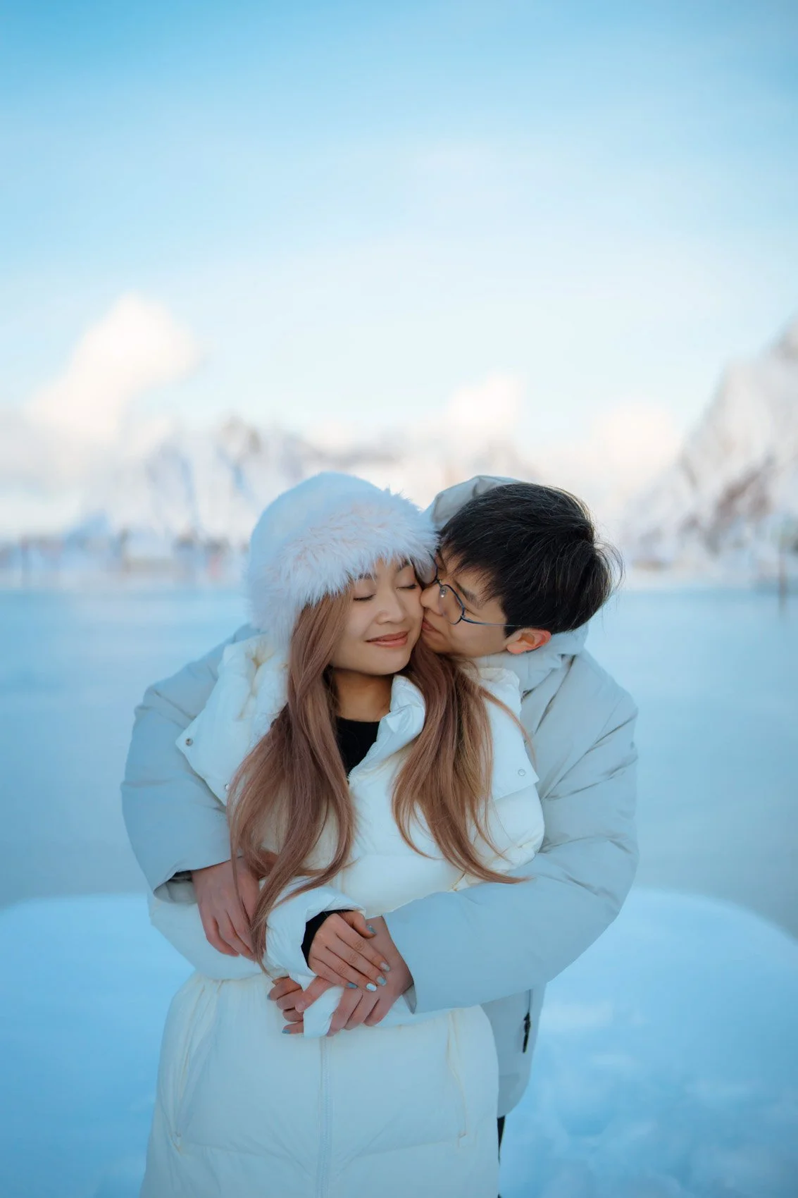 Winter elopement in snowy Lofoten landscape