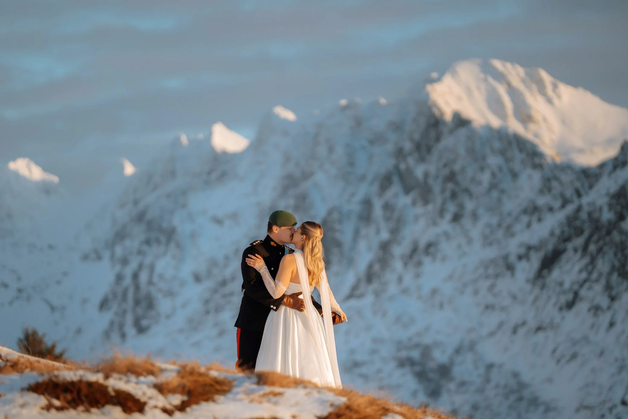 Couple during elopement ceremony in Lofoten mountains Norway