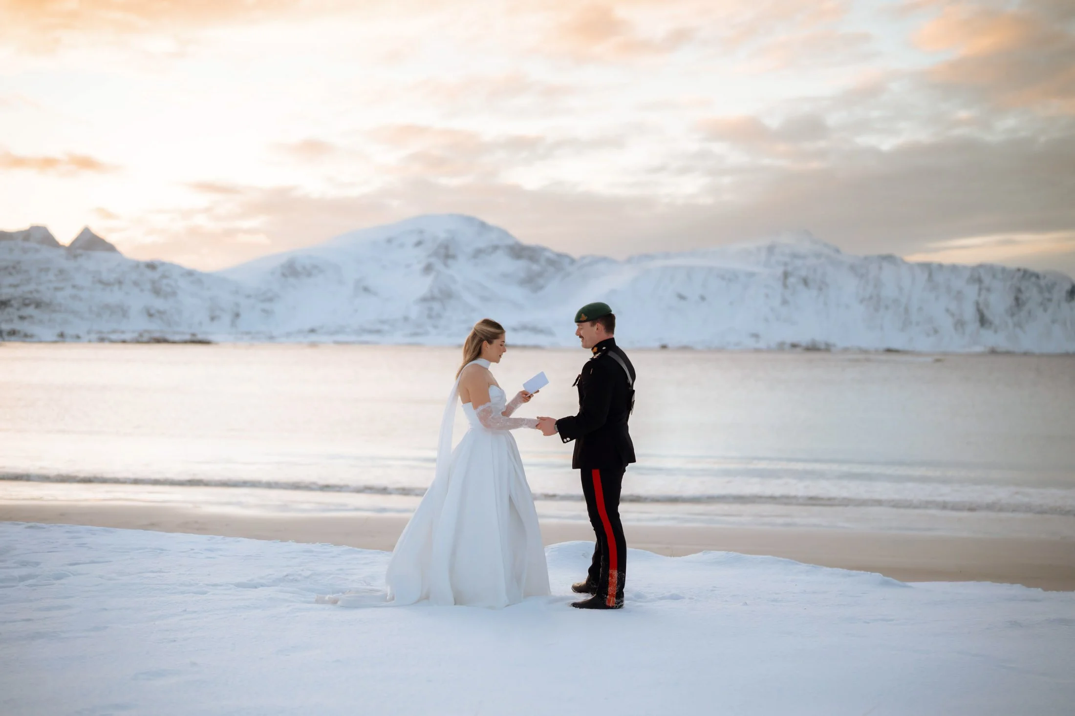 Elopement couple on beach in Lofoten, Northern Norway