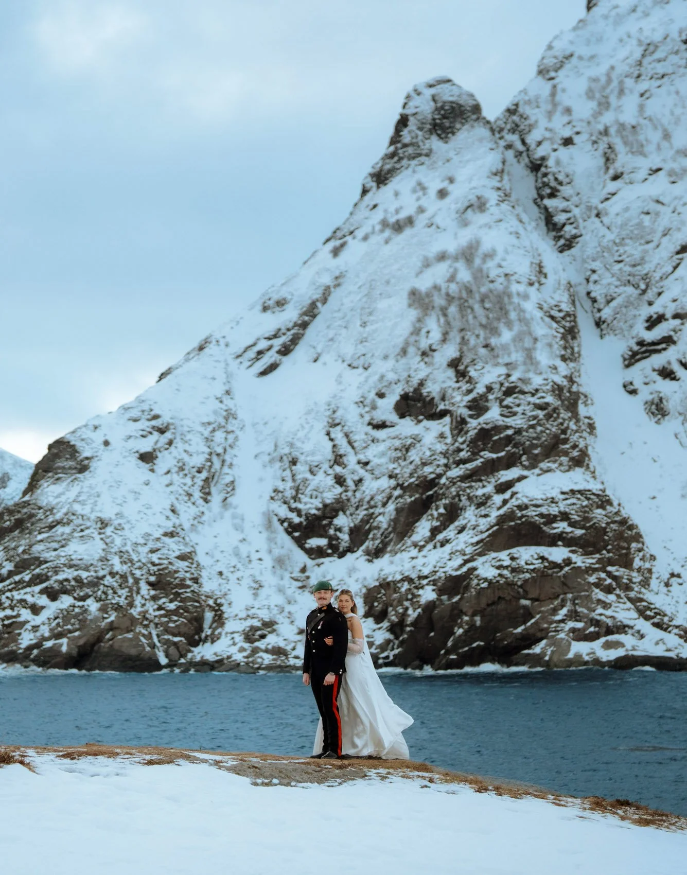 Bride and groom in scenic Lofoten wedding location