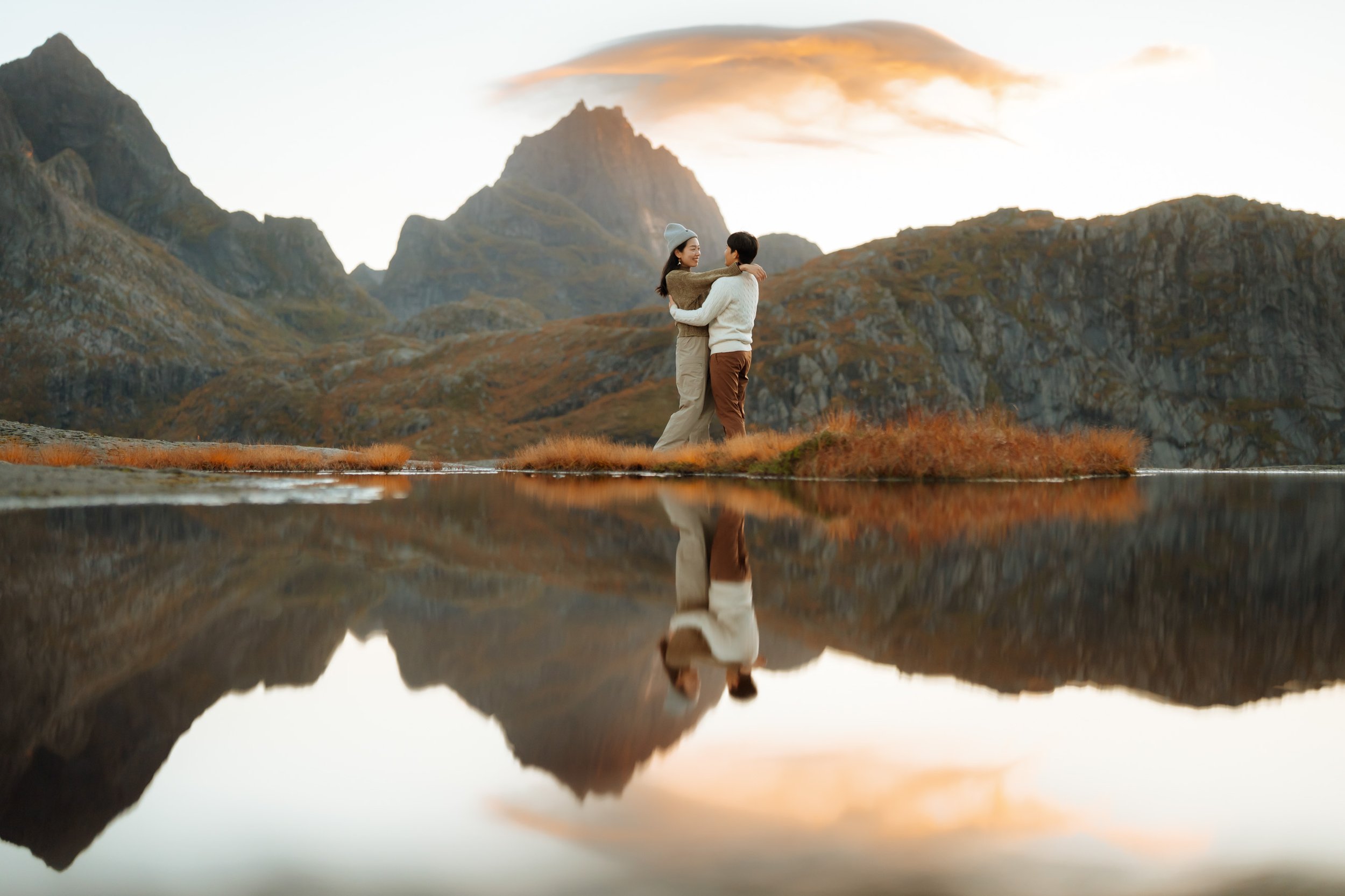 Mountain landscape in Lofoten Norway during golden light