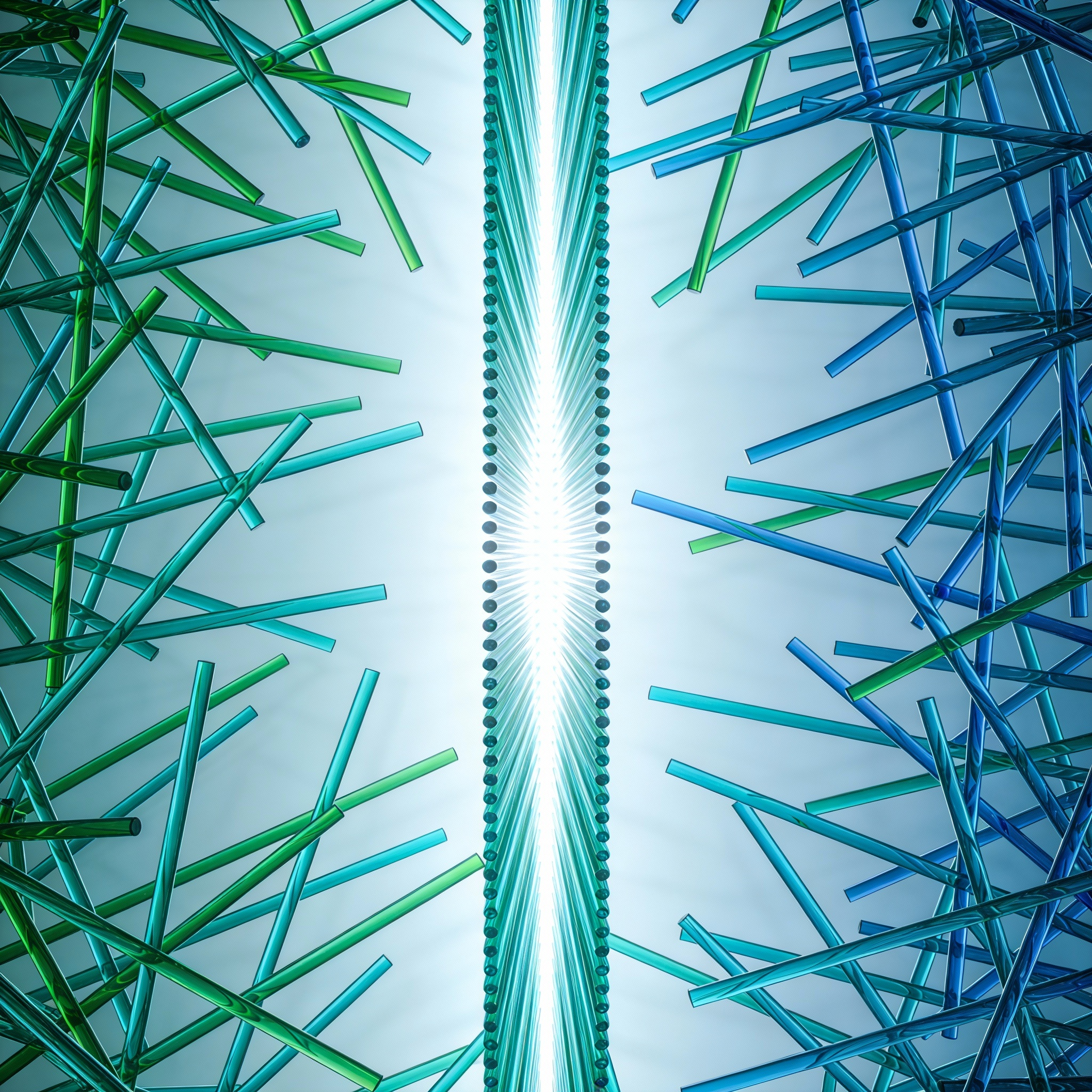 A futuristic-looking abstract digital art with glowing green and blue lines and a bright white center.