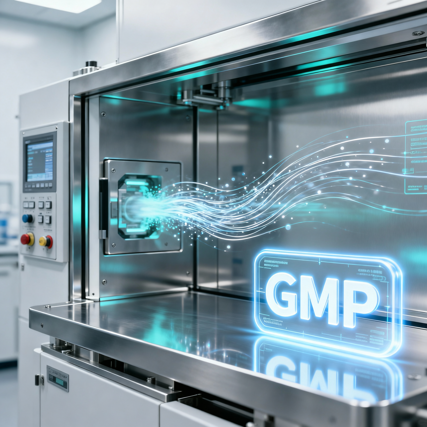 A clean, futuristic medical or laboratory machine with digital graphics and a glowing sign that says 'GMP'.