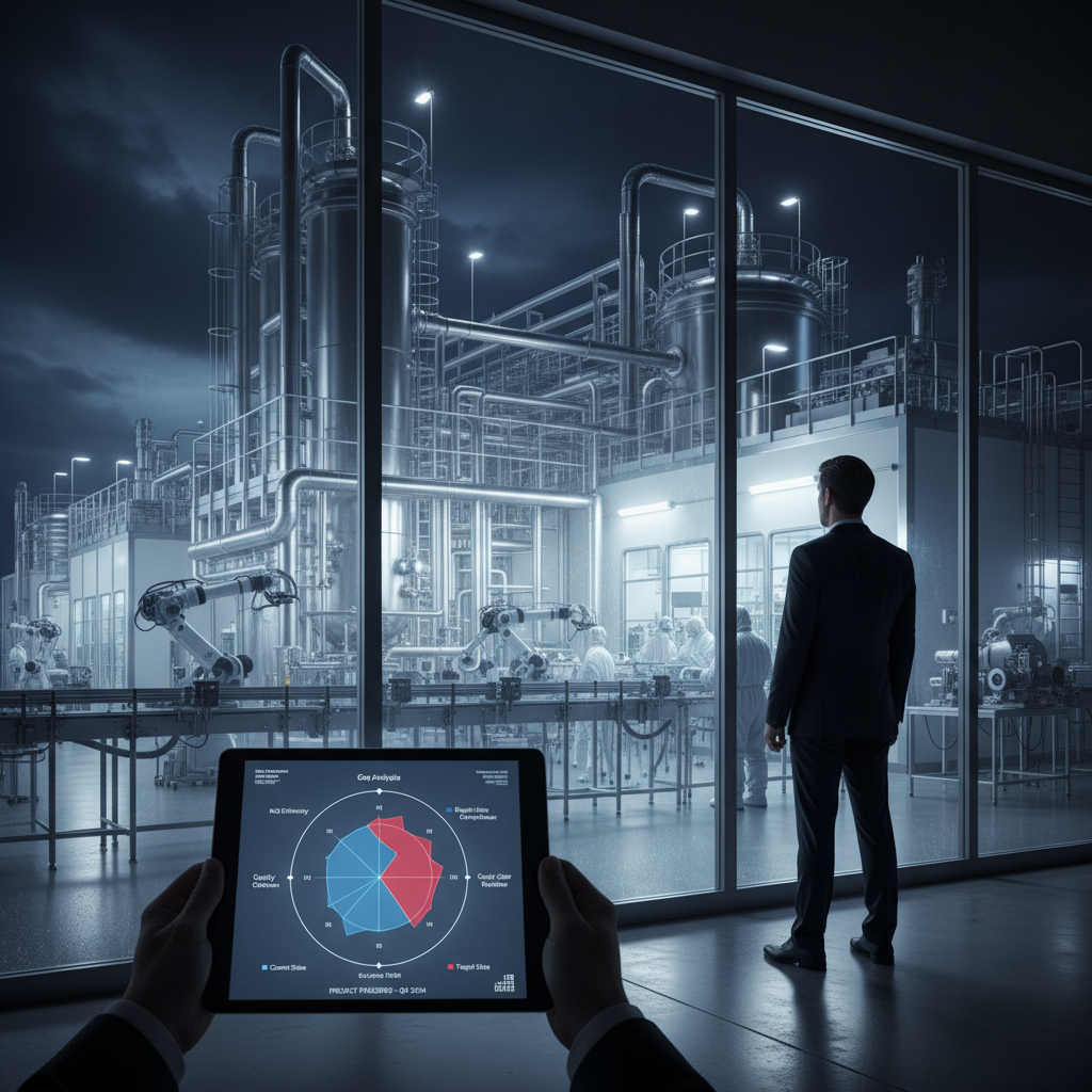 A person holding a tablet in front of a glass window showing a detailed industrial manufacturing facility with machinery, robotic arms, and workers inside. A man in a suit stands outside, observing the scene at night.