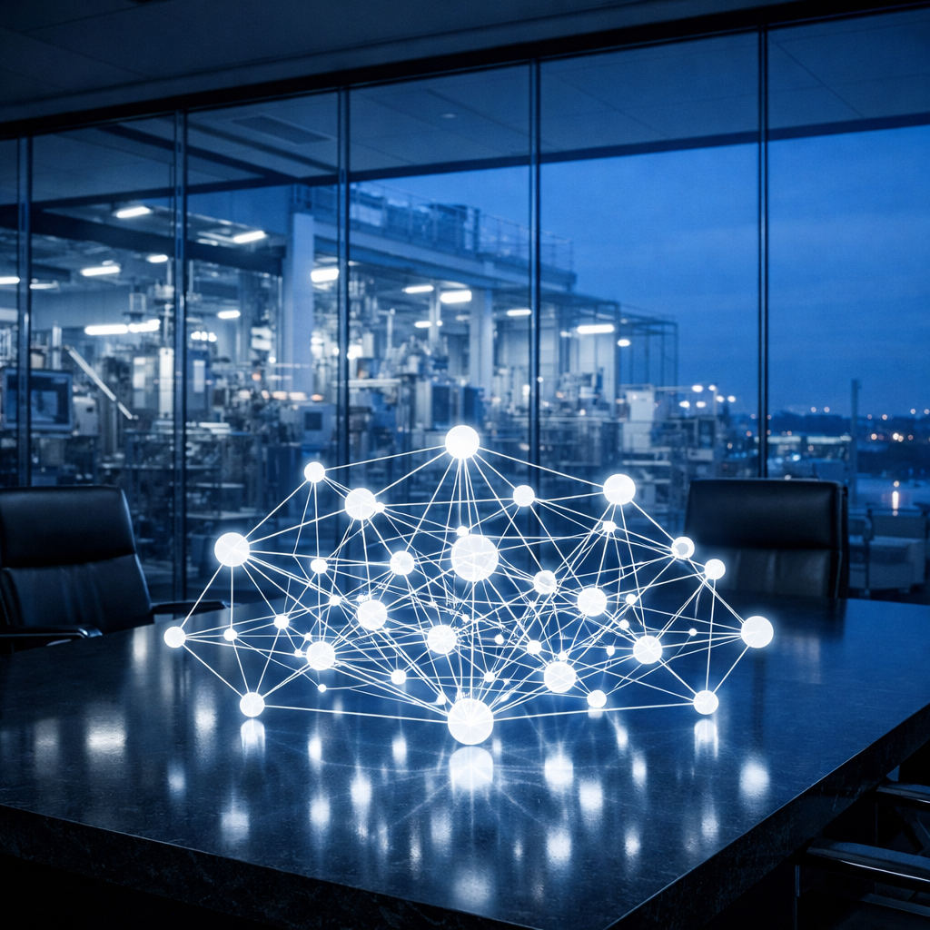 A digital representation of a neural network with interconnected glowing white nodes on a dark table inside a modern office building at dusk.