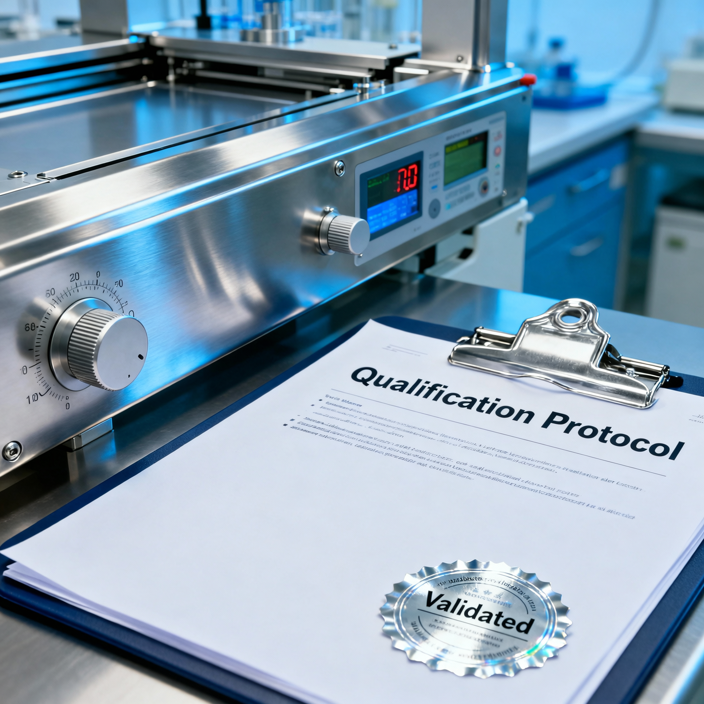 A stainless steel qualification protocol document on a clipboard with a 'Validated' seal, placed under a laboratory oven or sterilizer in a scientific laboratory.