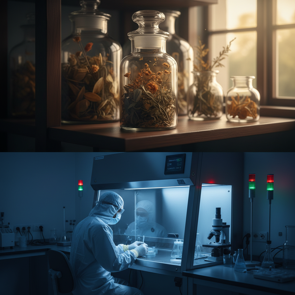 Top: Glass jars filled with dried herbs on a wooden shelf near a window with sunlight; Bottom: Scientist working in a laboratory with a laminar flow hood, wearing protective gear, with laboratory equipment and illuminated signal lights.