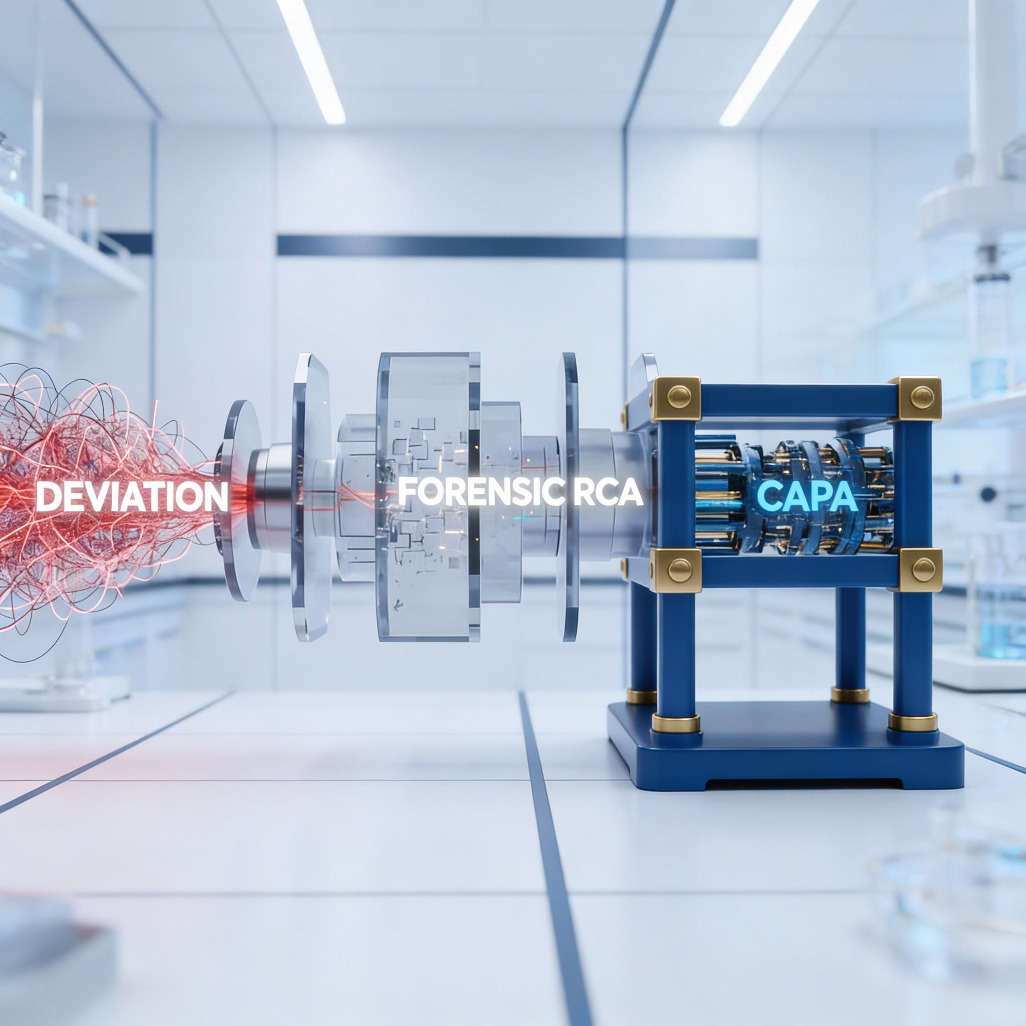 A scientific illustration showing a process involving a deviation, forensic RCA, and CAPA in a laboratory setting.