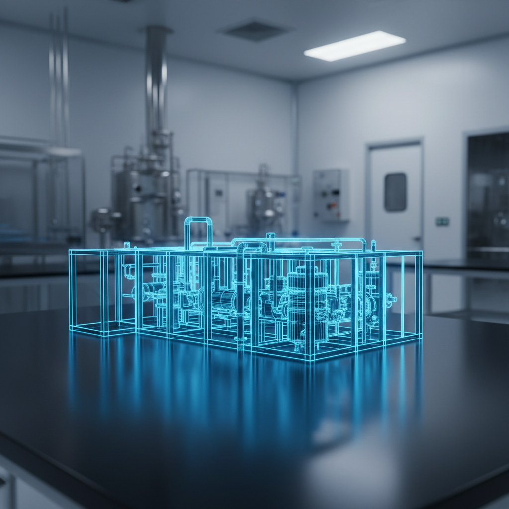 A digital hologram of a complex industrial or laboratory apparatus displayed on a table in a modern, sterile laboratory environment.