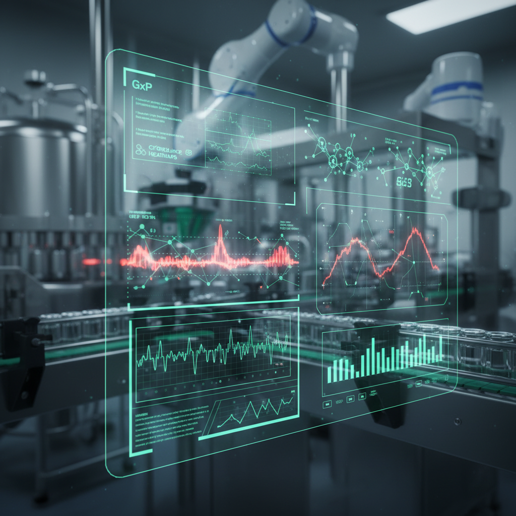 A laboratory with robotic arms and futuristic digital data overlays of graphs and molecular structures.