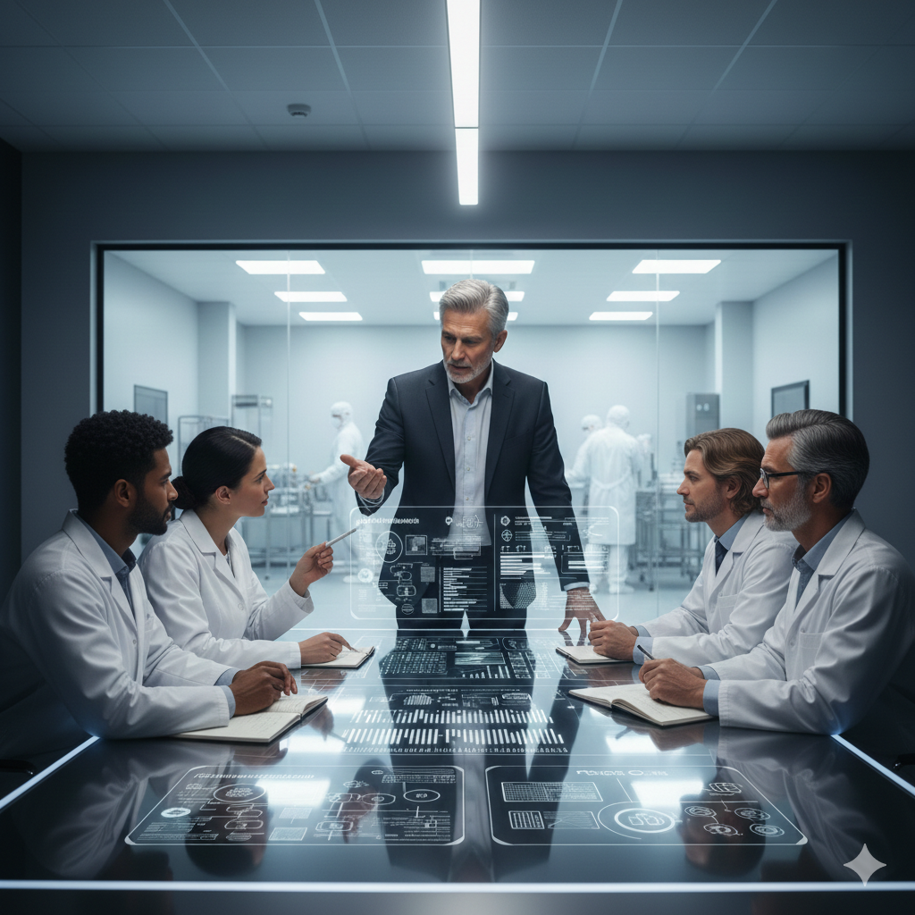 A group of five scientists in white lab coats sitting around a transparent conference table, listening to a man in a suit giving a presentation. The table displays digital data and graphics. In the background, a laboratory with scientists working.