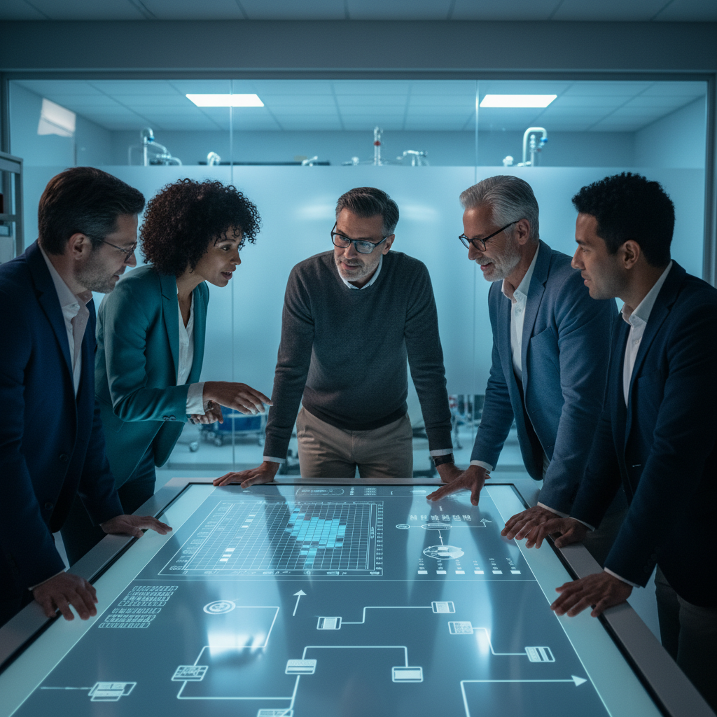 A group of six professionals gathering around a large, illuminated touchscreen table with graphs and charts, engaged in a discussion in a high-tech office or lab setting.
