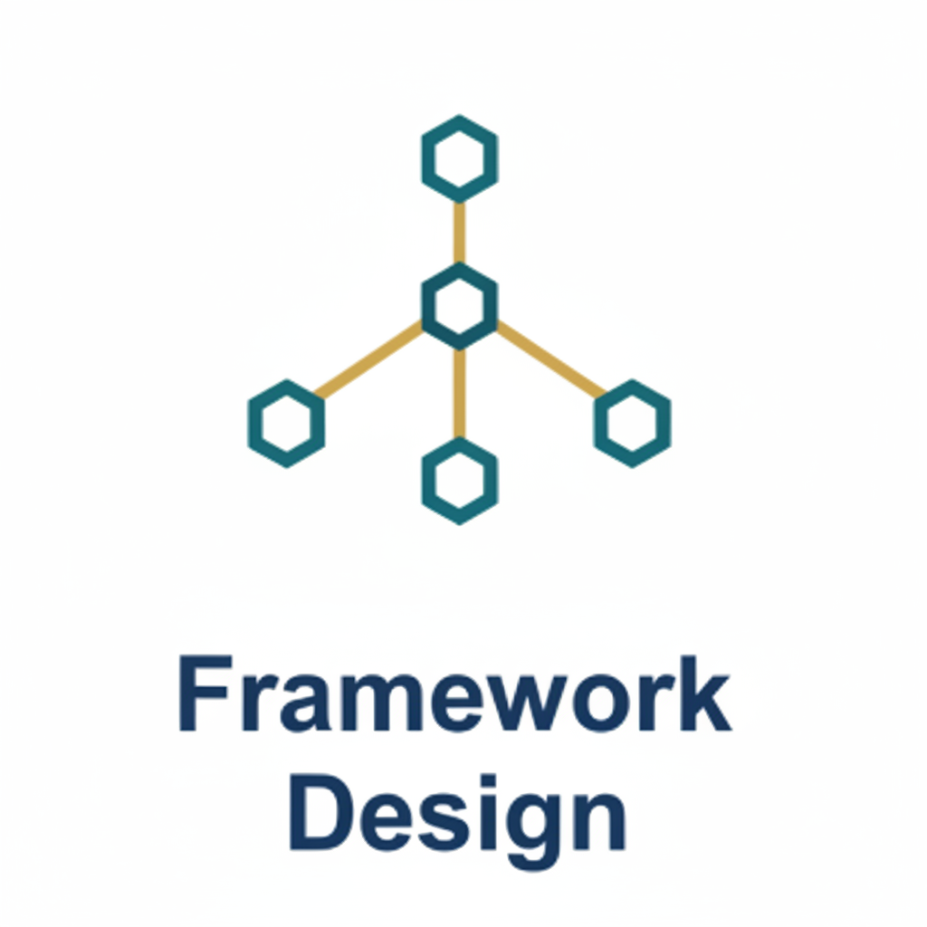 Illustration of a network diagram with hexagonal nodes connected to a central hexagon, representing 'Framework Design' in text below.
