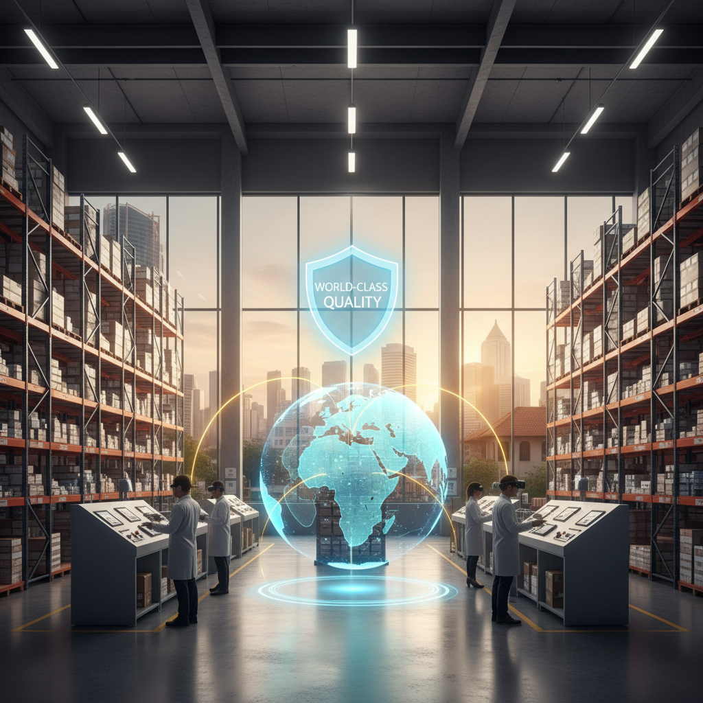 A high-tech warehouse with shelves of boxes, workers in lab coats using control panels, and a digital globe with a shield labeled 'World-Class Quality' in front of large windows showing a city skyline at sunset.