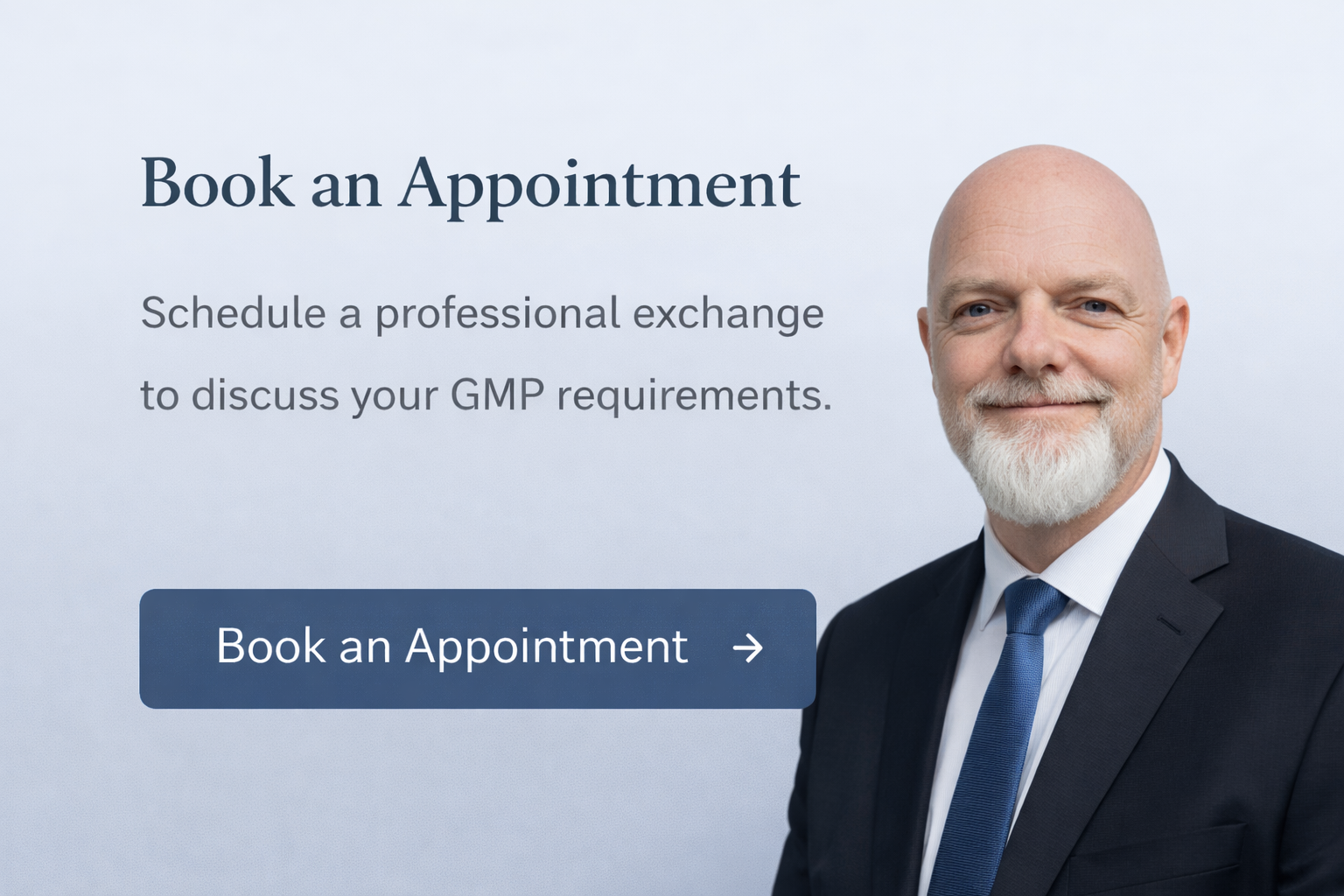 A website homepage showing an appointment booking option with a smiling, bald man with a white beard dressed in a suit and tie.