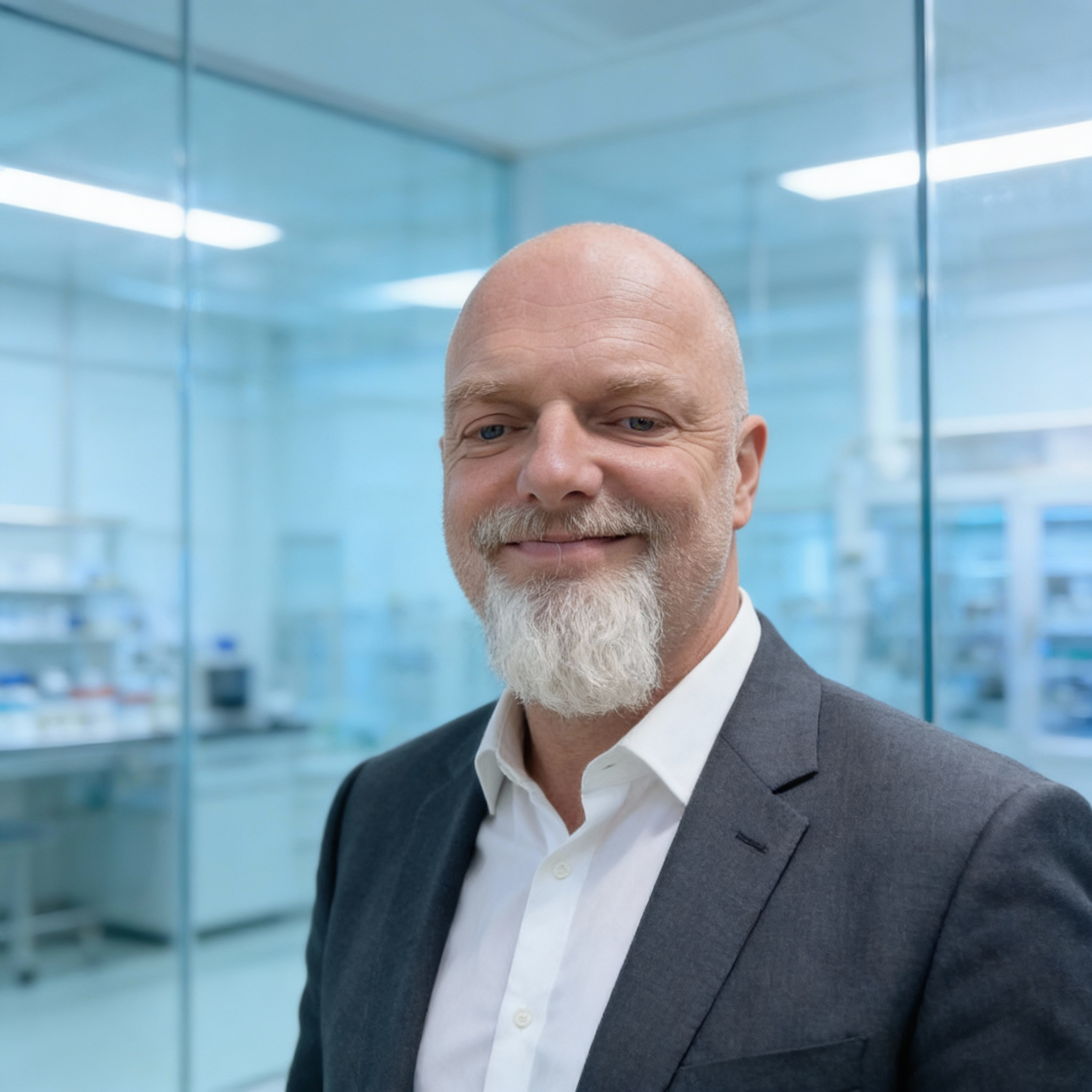 Portrait of a smiling middle-aged man with a beard, wearing a dark suit and white shirt, standing in a modern laboratory with glass walls and scientific equipment in the background.