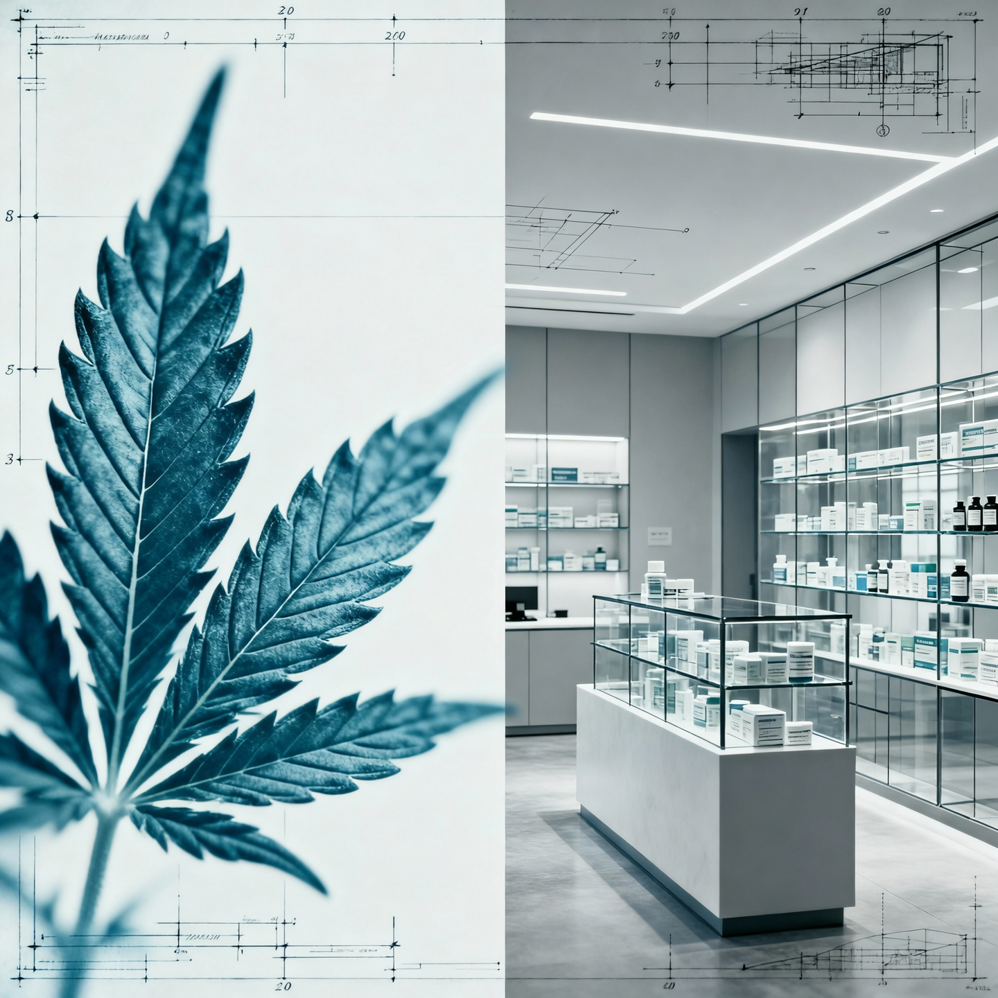 A split image shows a close-up of a section of a cannabis leaf on the left and a modern, well-lit pharmacy interior with glass display cases and shelves filled with medication on the right.