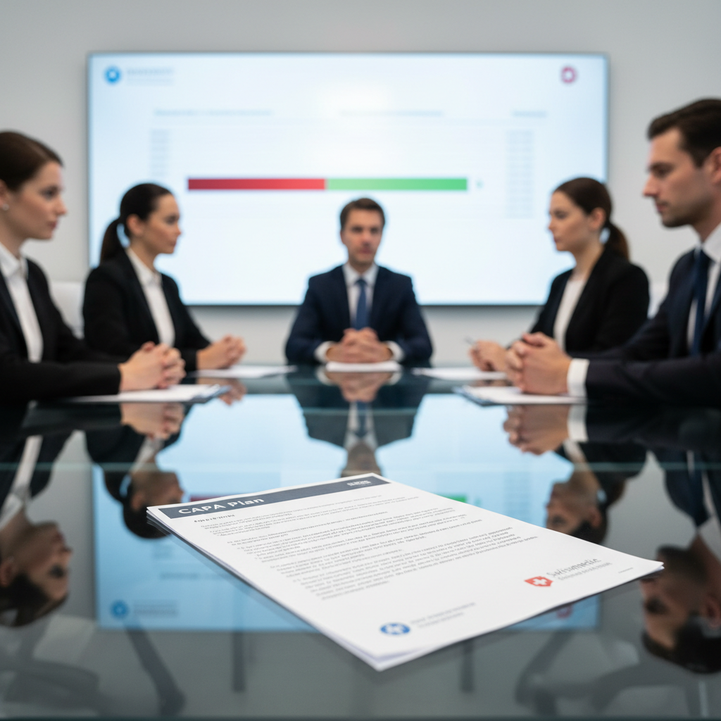 Business meeting with six people sitting around a glass conference table, with a document labeled "CAPA Plan" in the foreground, and a presentation screen displaying a bar chart in the background.