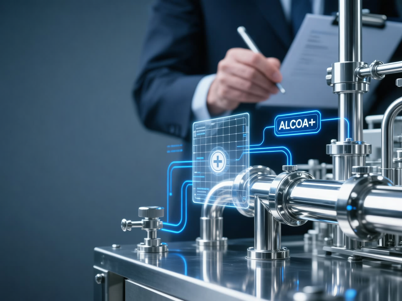 A scientist or engineer in a dark suit with a white shirt is holding a clipboard and pen, standing next to a shiny metallic laboratory equipment setup with interconnected tubes. A digital holographic display shows the text 'ALCOA+' and health-related icons, suggesting a focus on healthcare or biochemical research.