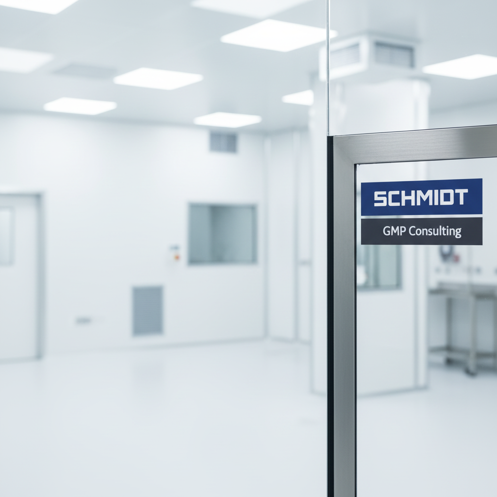 Interior of a sterile laboratory or medical facility with a glass door labeled 'SCHMIDT GMP Consulting'.