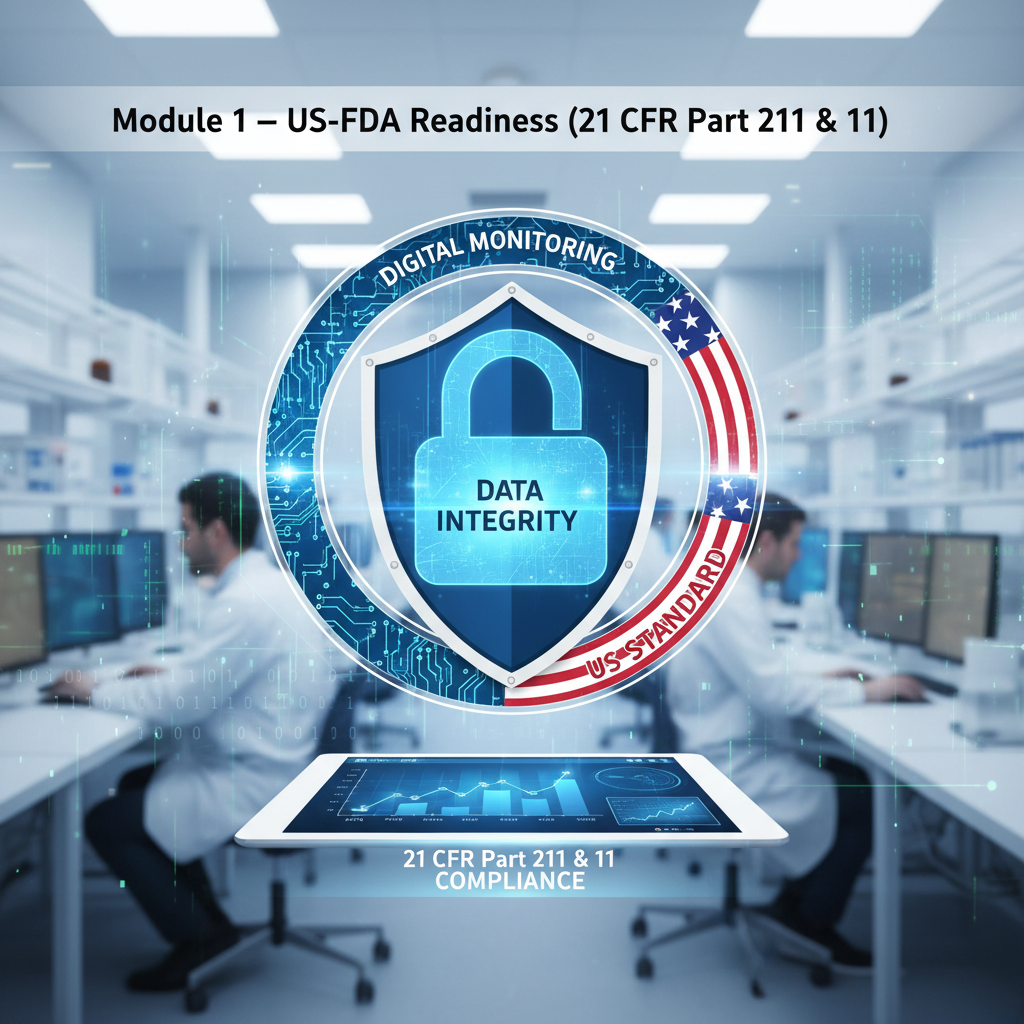 A digital badge with a padlock icon and the text "Data Integrity" overlaid on a laboratory setting, emphasizing US-FDA compliance and digital monitoring.