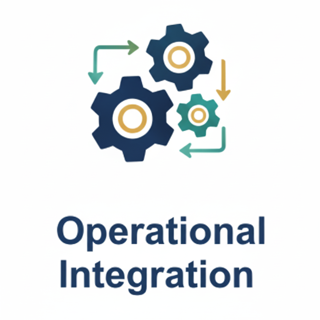 Illustration of three interconnected gears with arrows indicating process flow, symbolizing operational integration, and the text "Operational Integration" below.
