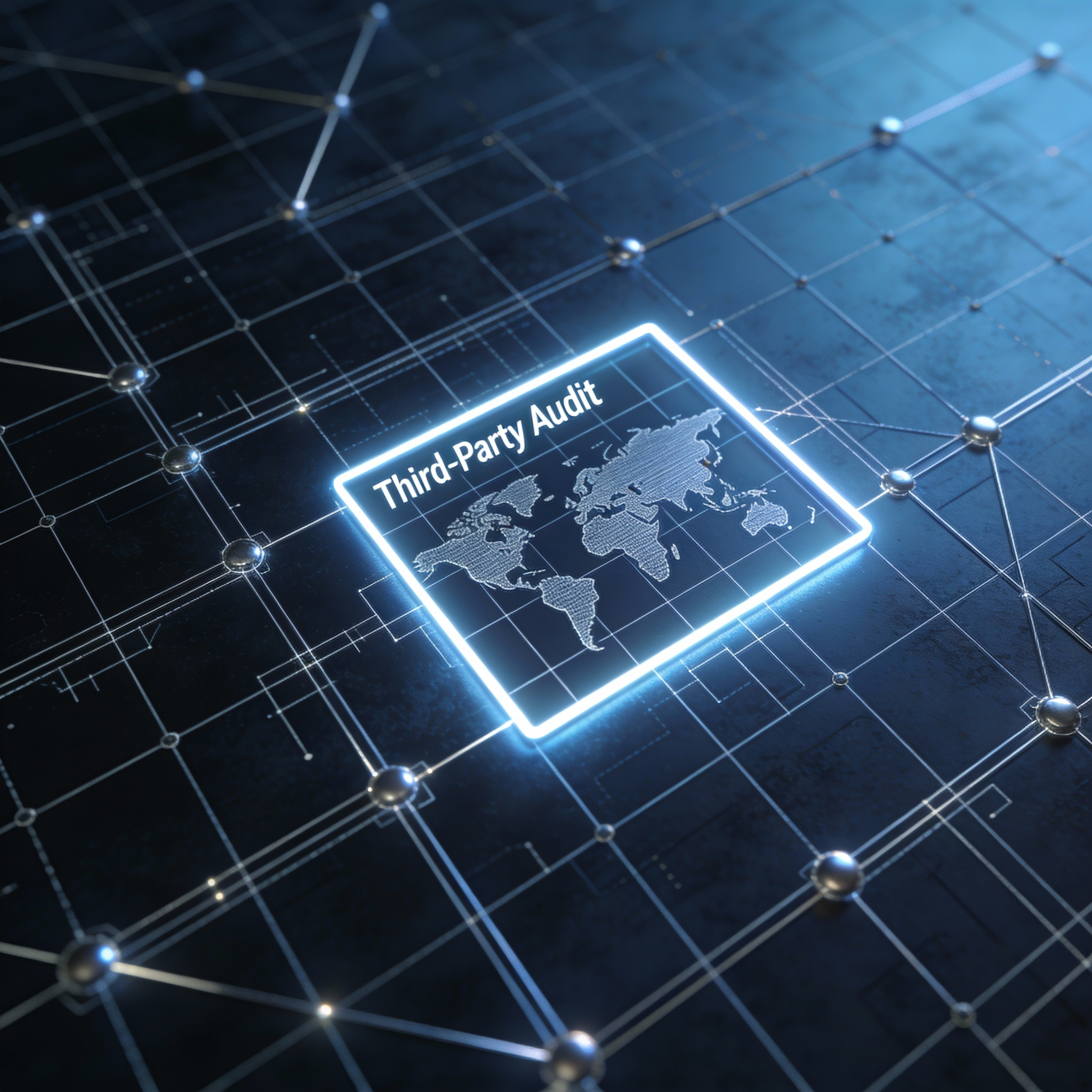Digital graphic of a global map with the text 'Third-Party Audit' in a neon-lit square, surrounded by a network of interconnected points and lines on a dark background.
