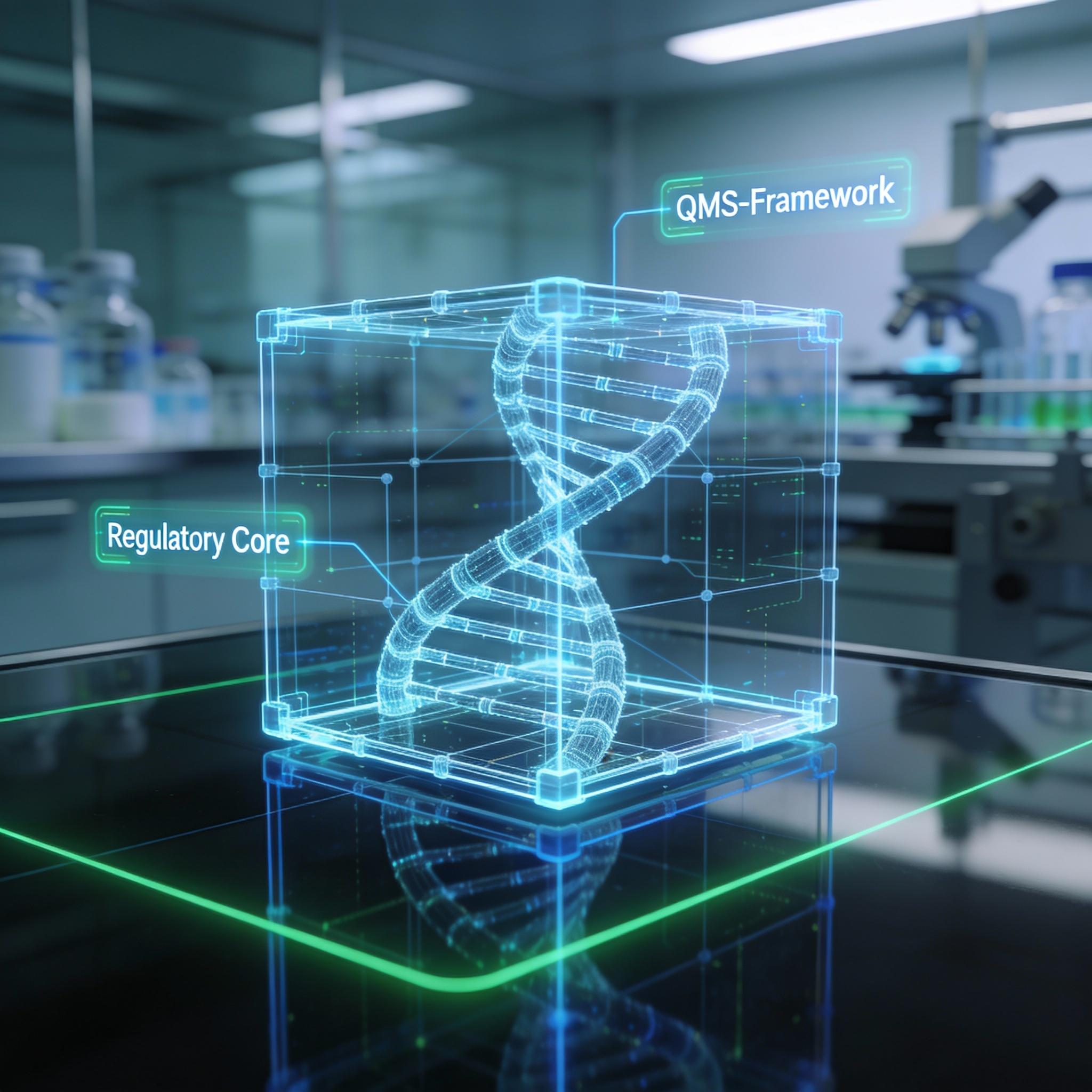 Futuristic digital hologram of a DNA helix with labels 'Regulatory Core' and 'QMS-Framework' in a laboratory setting.
