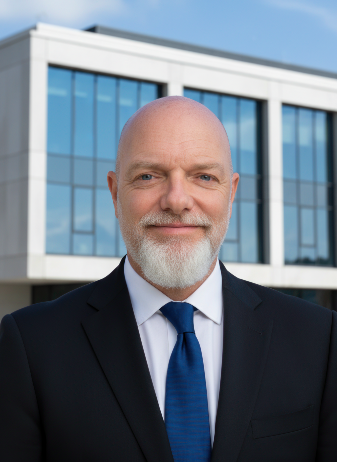 A middle-aged man with a white beard and bald head, dressed in a black suit, white shirt, and blue tie, standing outside in front of a modern glass office building.