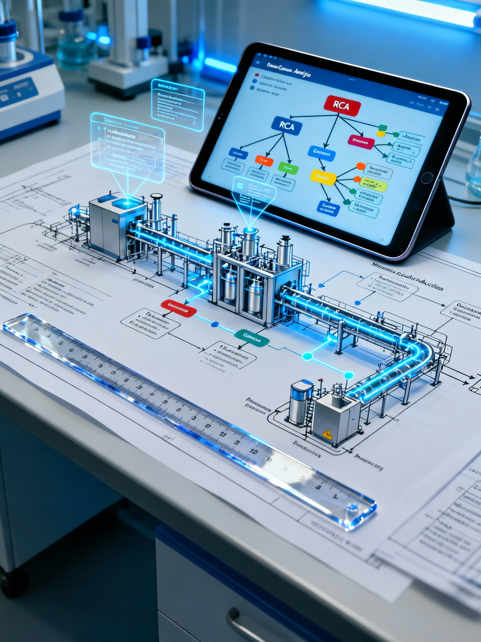 A technical diagram of an industrial process on blueprints with a 3D holographic display and a tablet showing a flowchart, in a scientific laboratory setting.