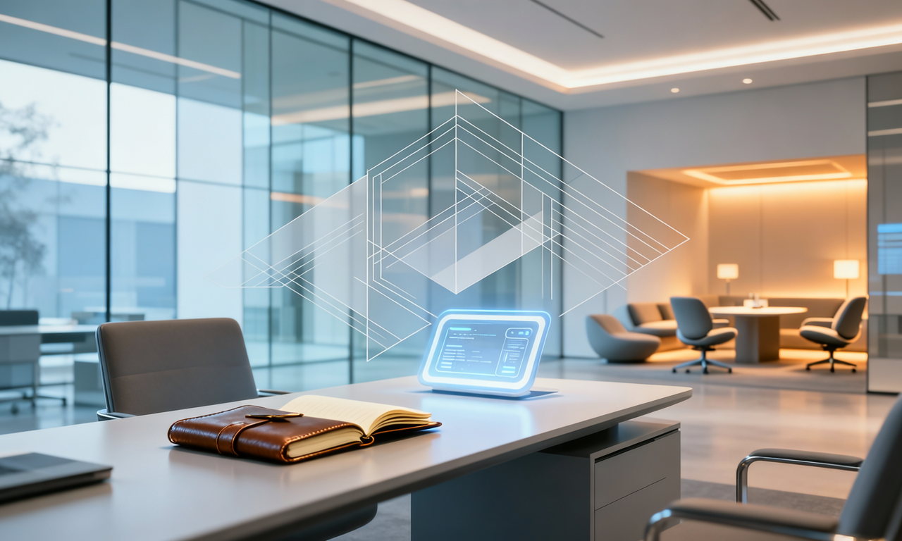 Futuristic digital hologram of a 3D cube with a tablet showing a user interface, situated on a modern office desk in a spacious, well-lit conference room with glass walls and contemporary furniture.