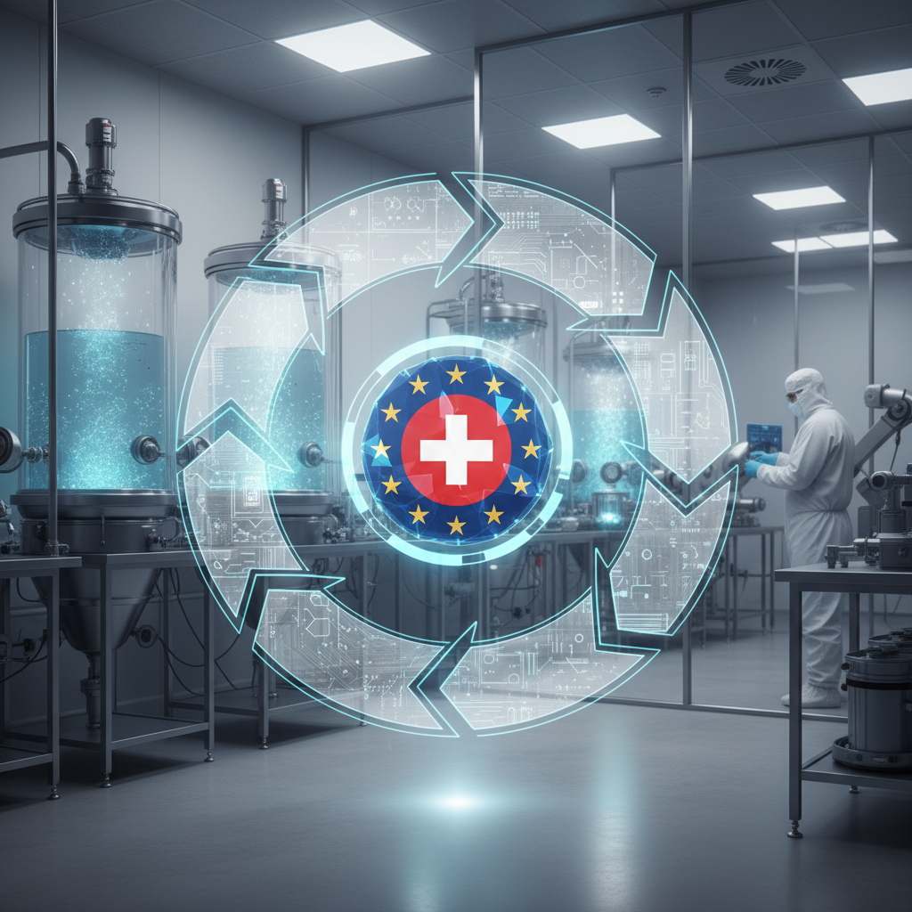 A scientist in a sterile laboratory working with bioengineering equipment, overlaid with a digital graphic of a circular arrow diagram and a central symbol featuring the Swiss cross surrounded by the European Union flag, indicating medical or pharmaceutical research and development.