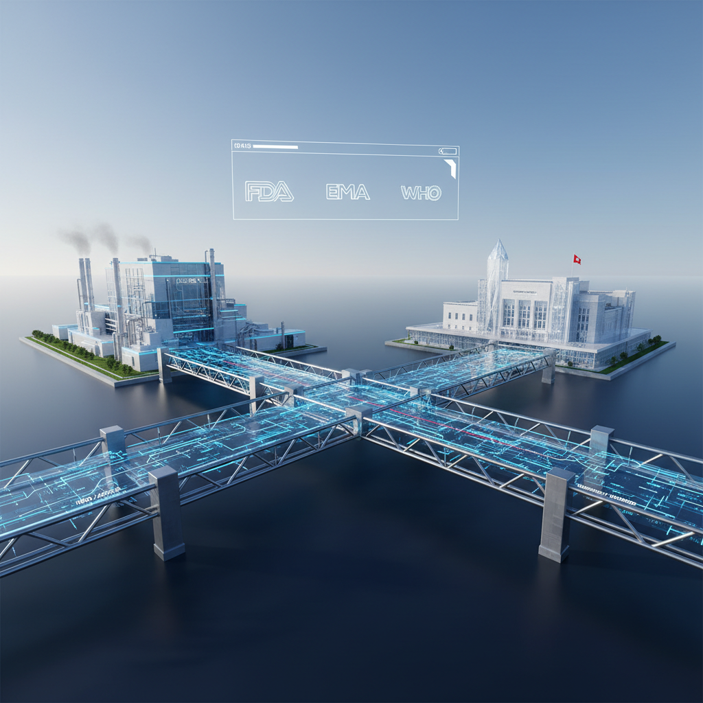 Futuristic digital cityscape with interconnected glass bridges, modern buildings, and holographic interface displaying 'FDA', 'EMA', and 'WHO'.