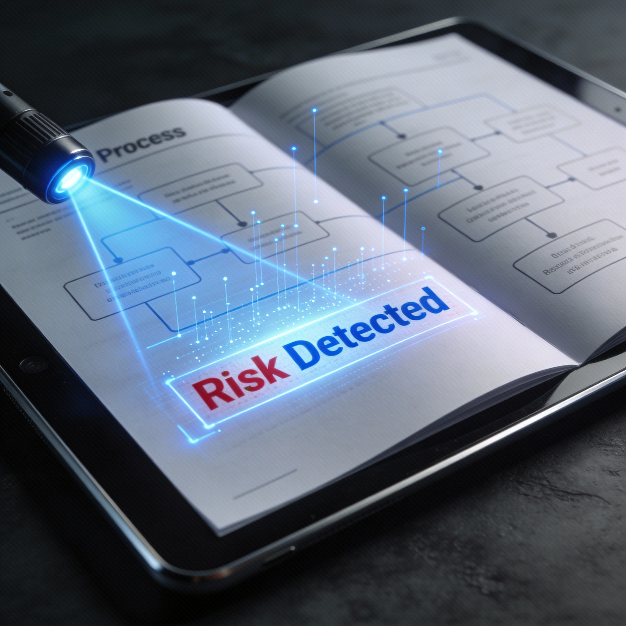 A tablet displaying a flowchart and the words 'Risk Detected' in red and blue, with a flashlight projecting an alert on the page.