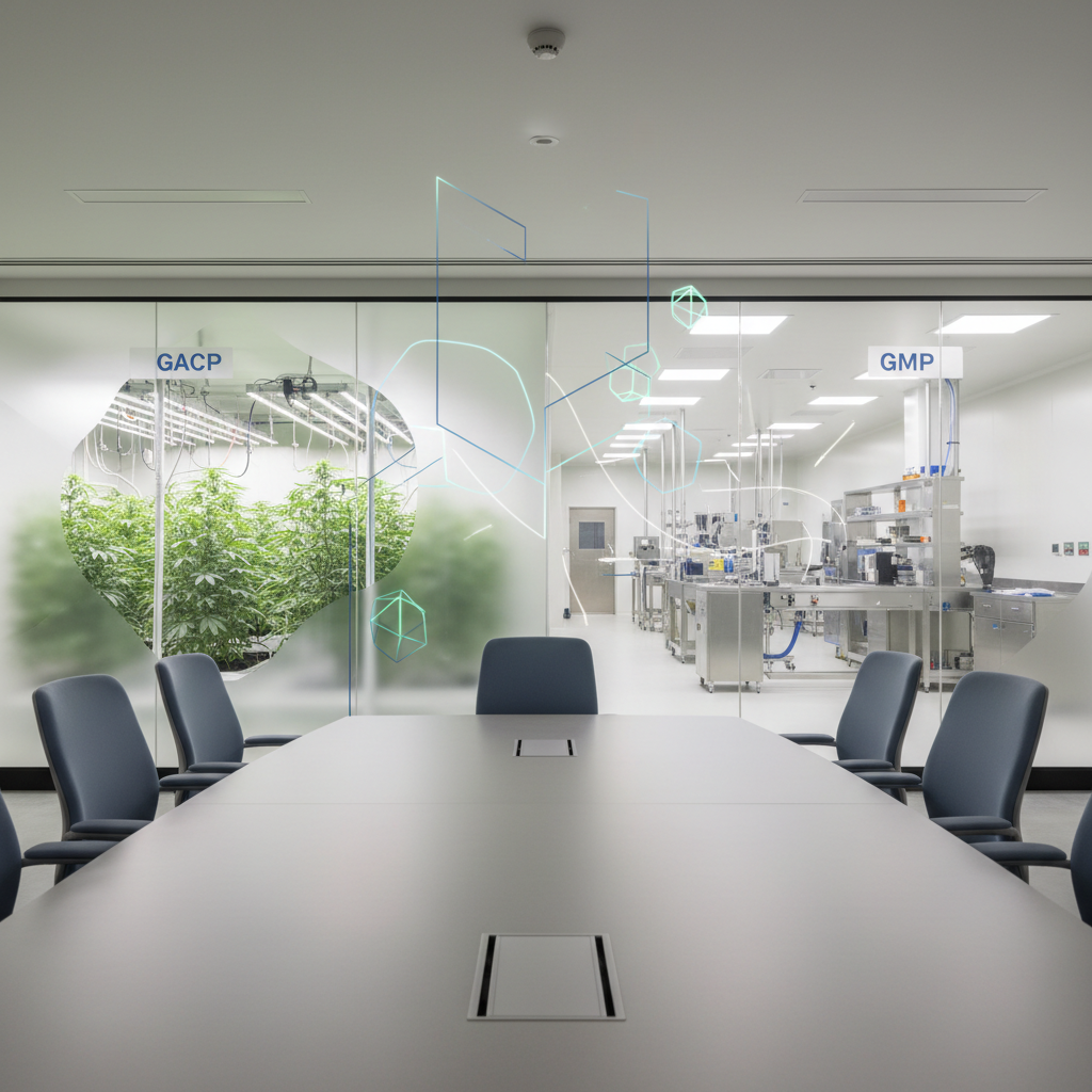 Modern conference room with a large table and chairs, glass wall revealing a laboratory with medical or scientific equipment, and a window showing indoor cannabis plants labeled 'GACP' and 'GMP'.