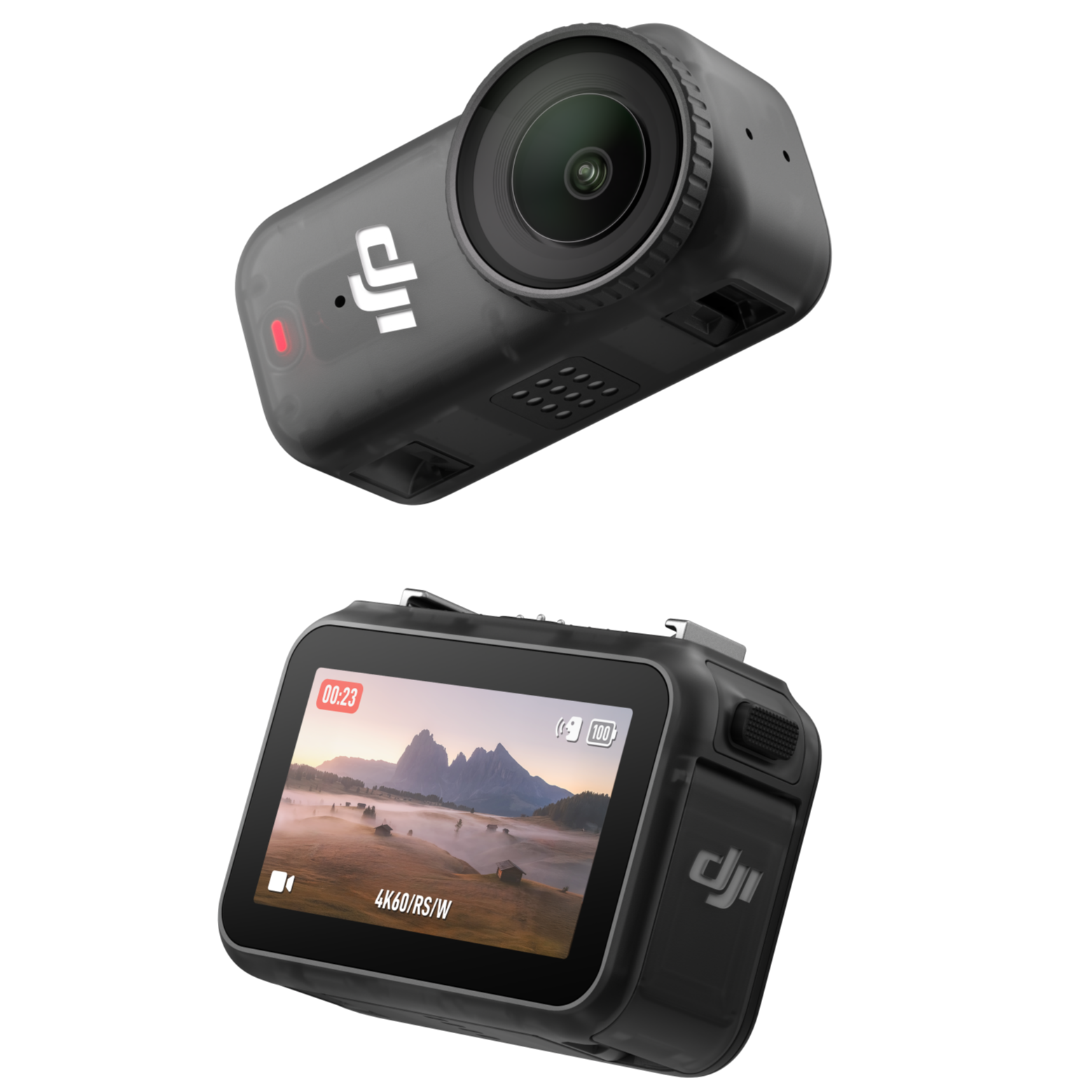 Two DJI camera devices, one facing forward showing a landscape on its screen, and the other facing upward showing the camera lens, both black with DJI logos.