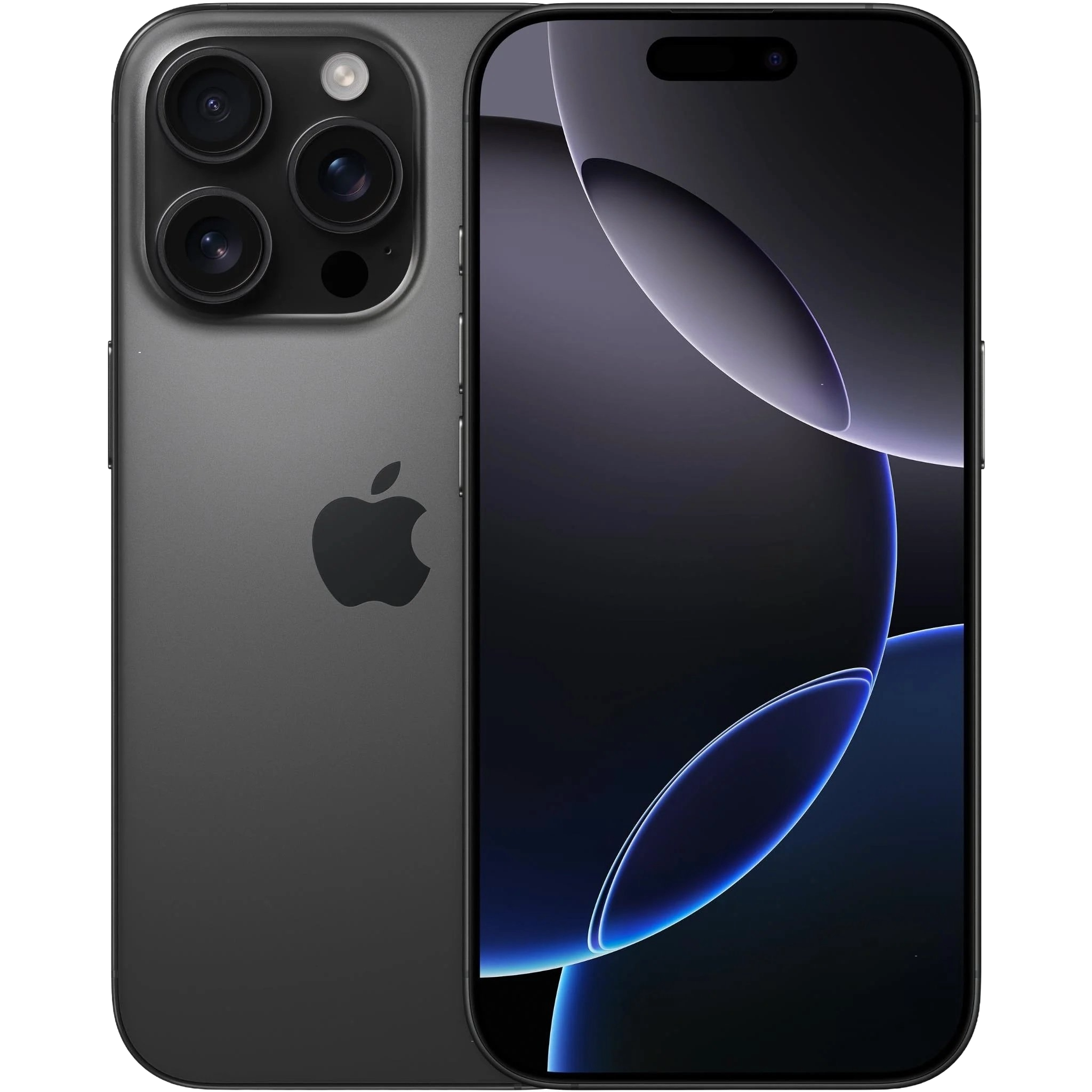 A black iPhone 14 Pro with a triple-camera system on the back and a large display showing a dark abstract wallpaper.